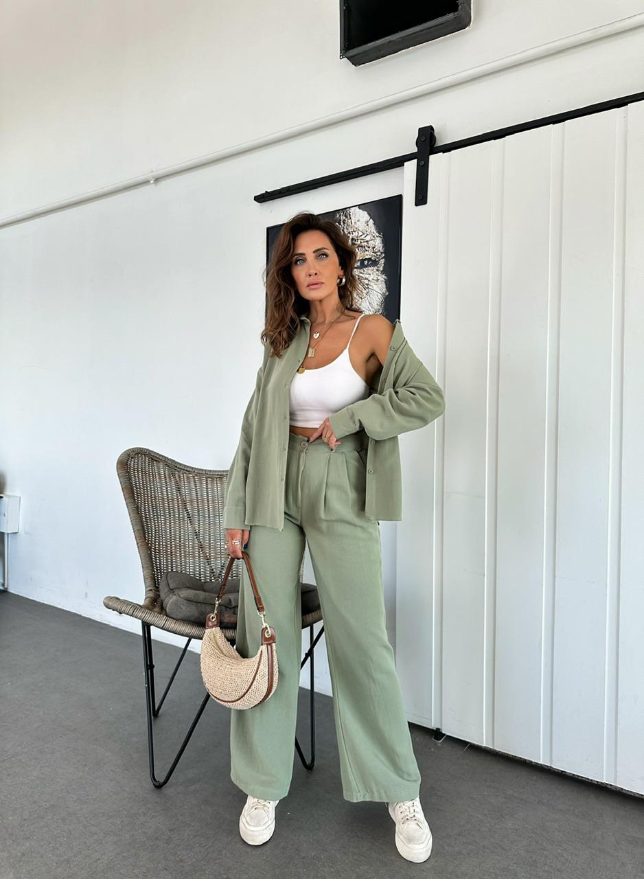 Yeşil Gömlekli Basic Keten Takım