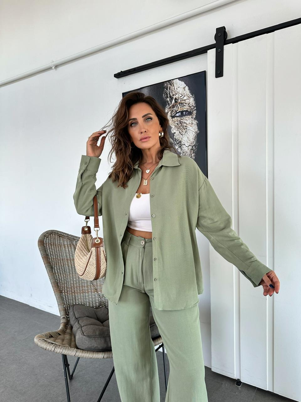 Yeşil Gömlekli Basic Keten Takım