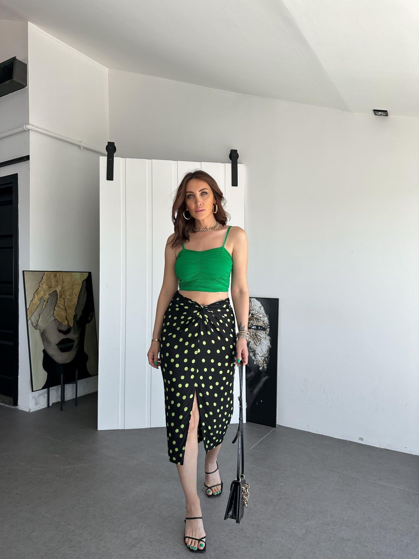 Yeşil İp Askılı Drapeli Crop
