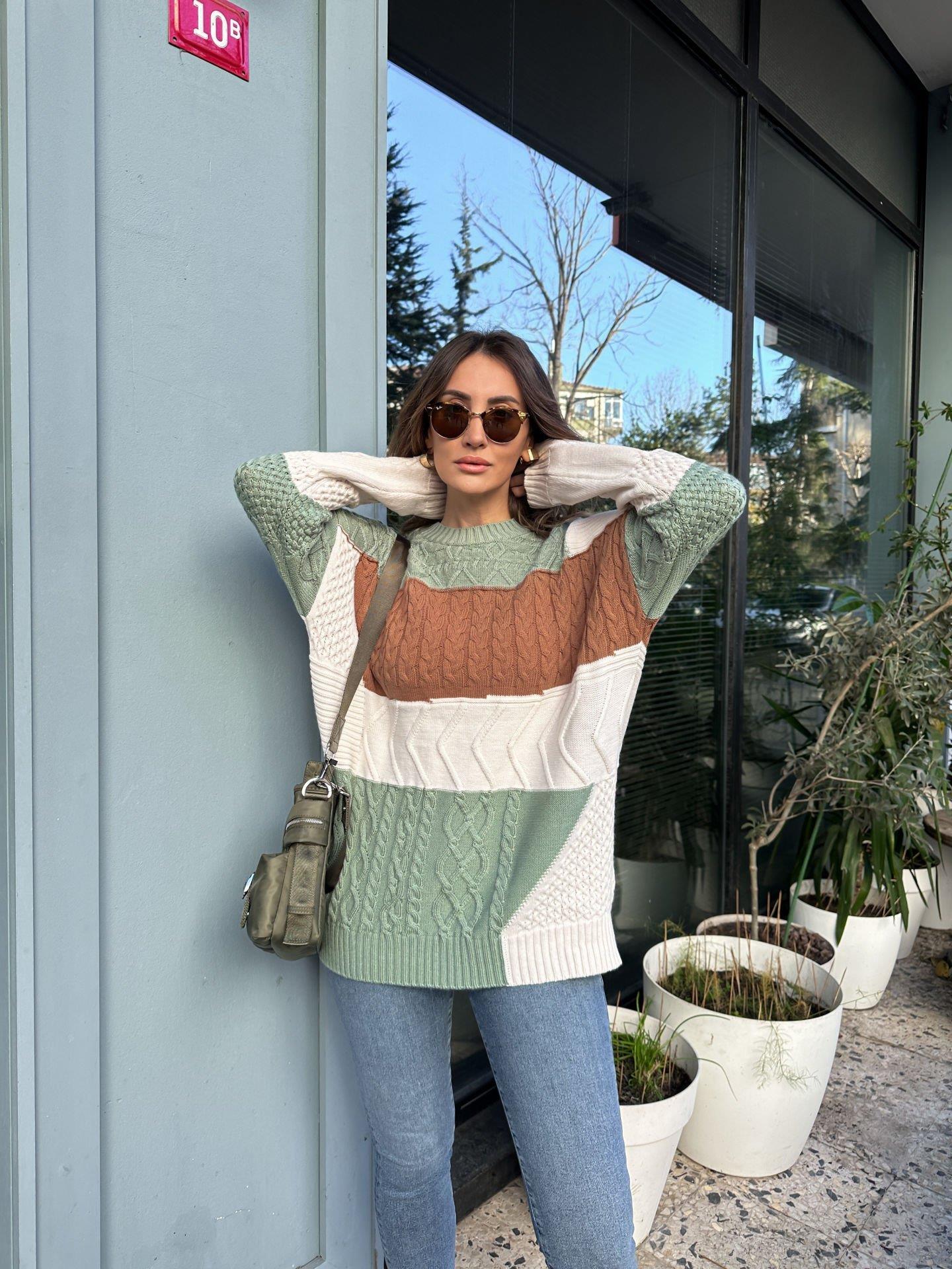 Yeşil Patchwork Kazak