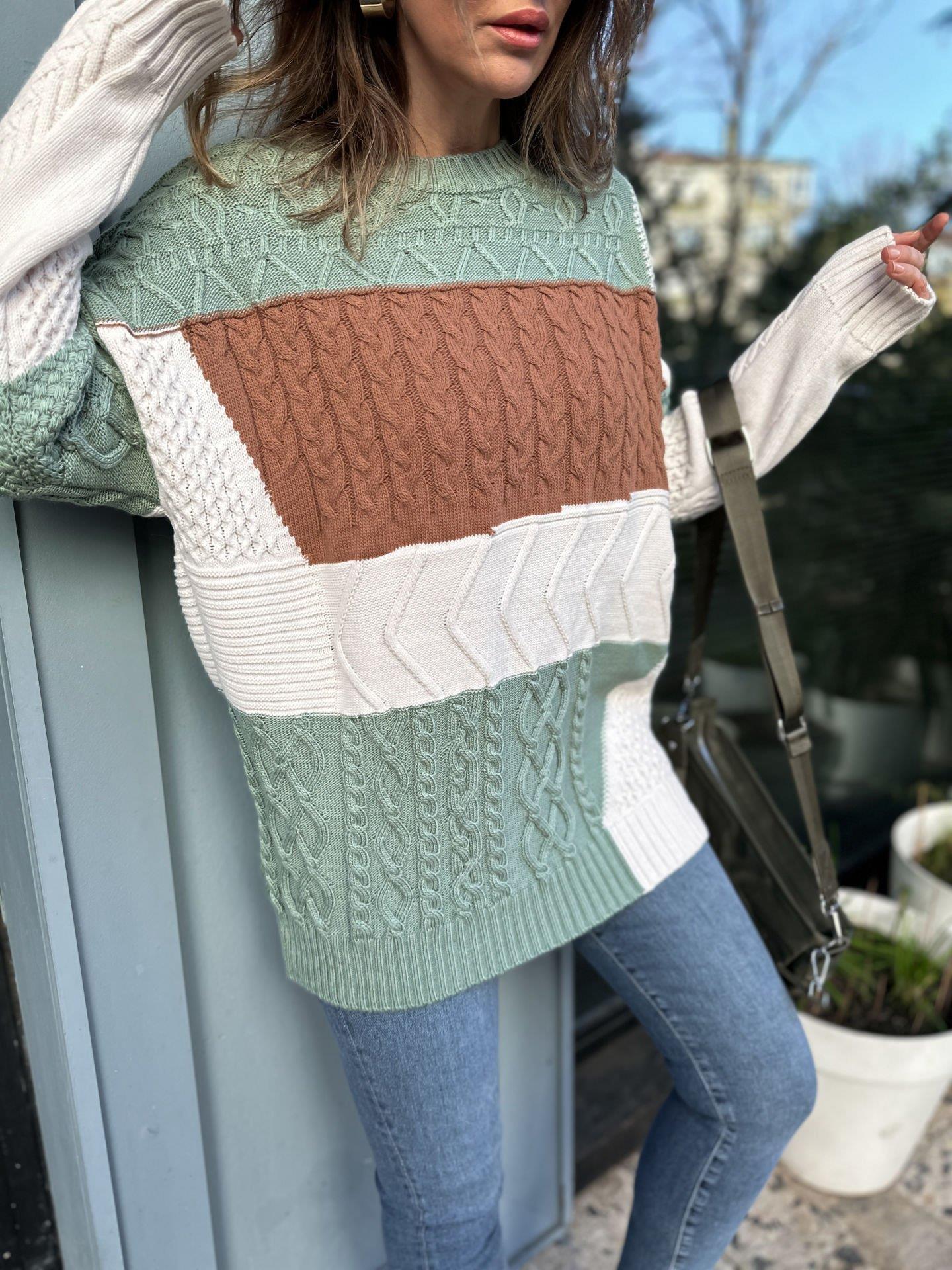 Yeşil Patchwork Kazak