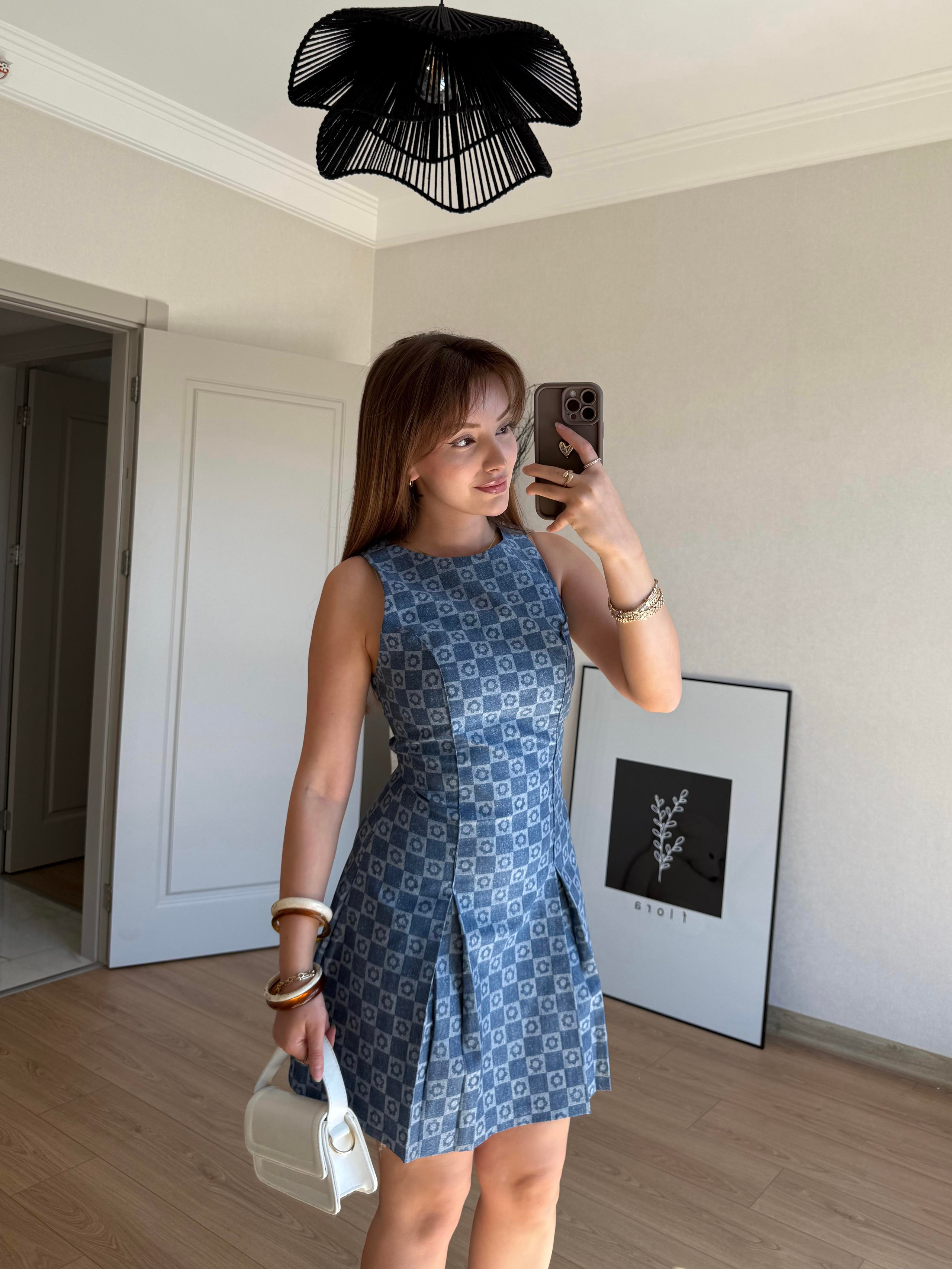 ELBİSEECMEL BAŞARAN Desenli Mini Elbise İndigo