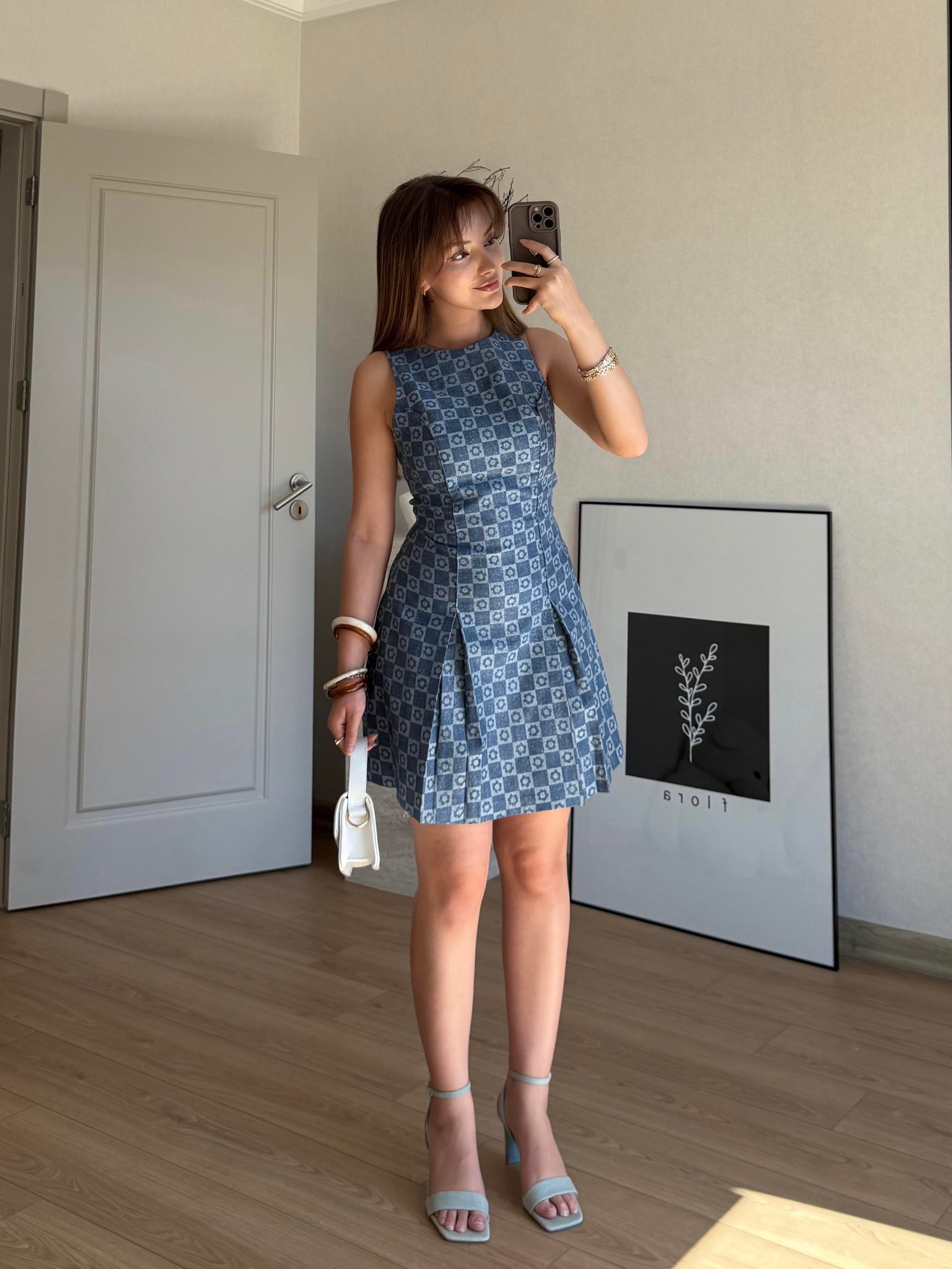 ELBİSEECMEL BAŞARAN Desenli Mini Elbise İndigo