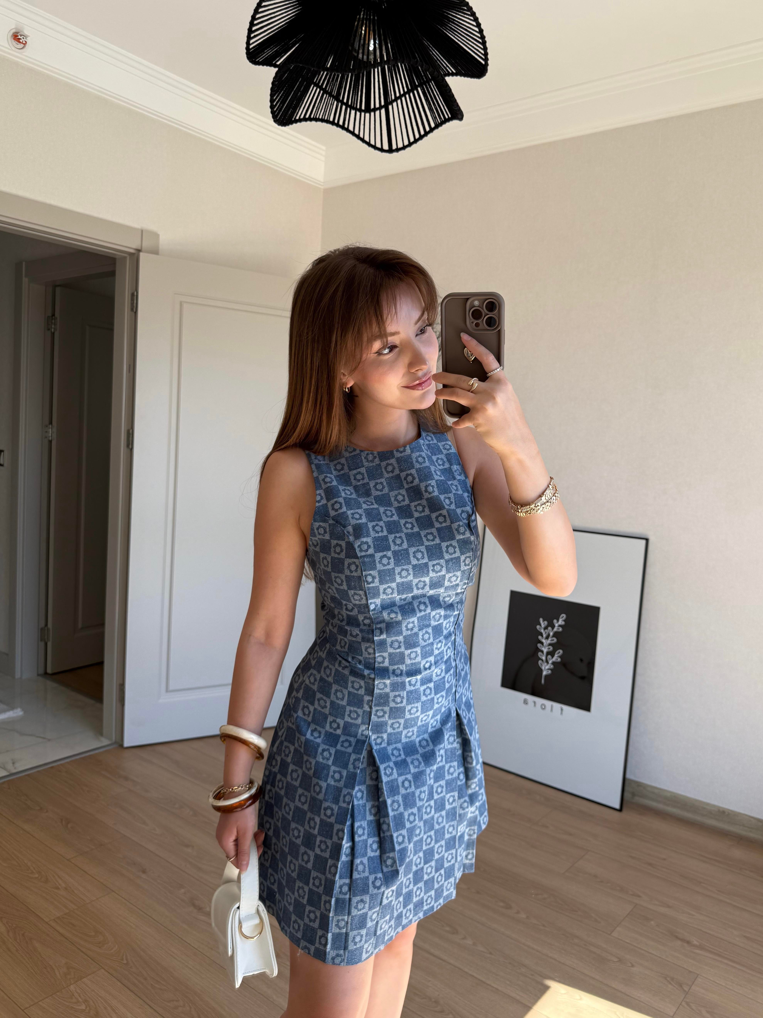 ELBİSEECMEL BAŞARAN Desenli Mini Elbise İndigo