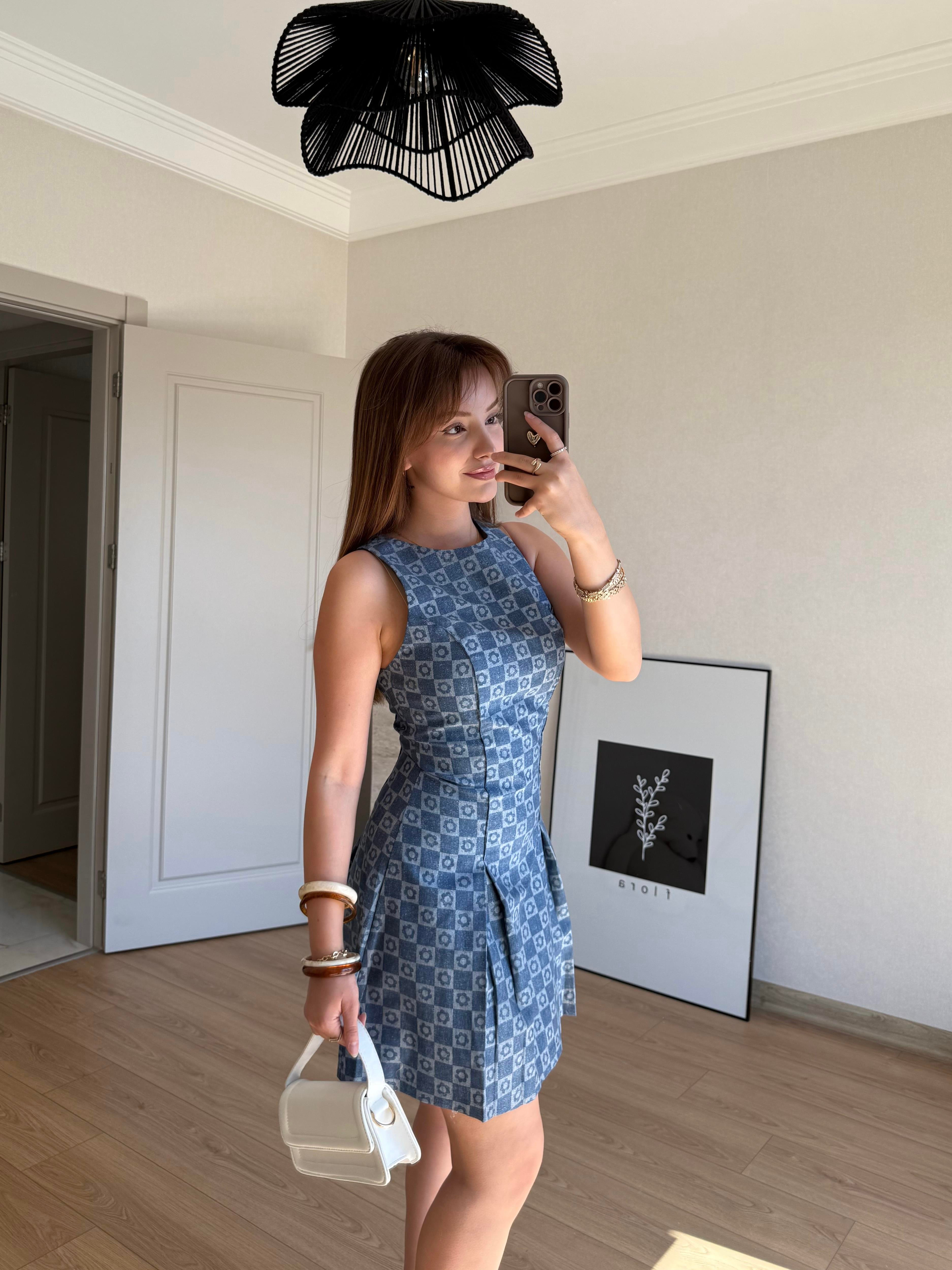 ELBİSEECMEL BAŞARAN Desenli Mini Elbise İndigo