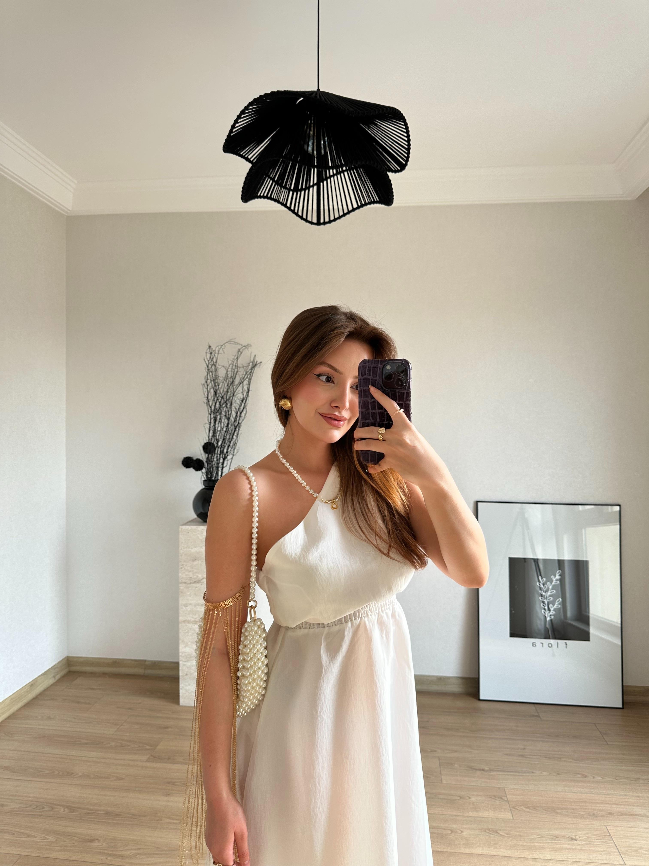 Beli Lastikli Tek Omuz Midi Elbise Ekru