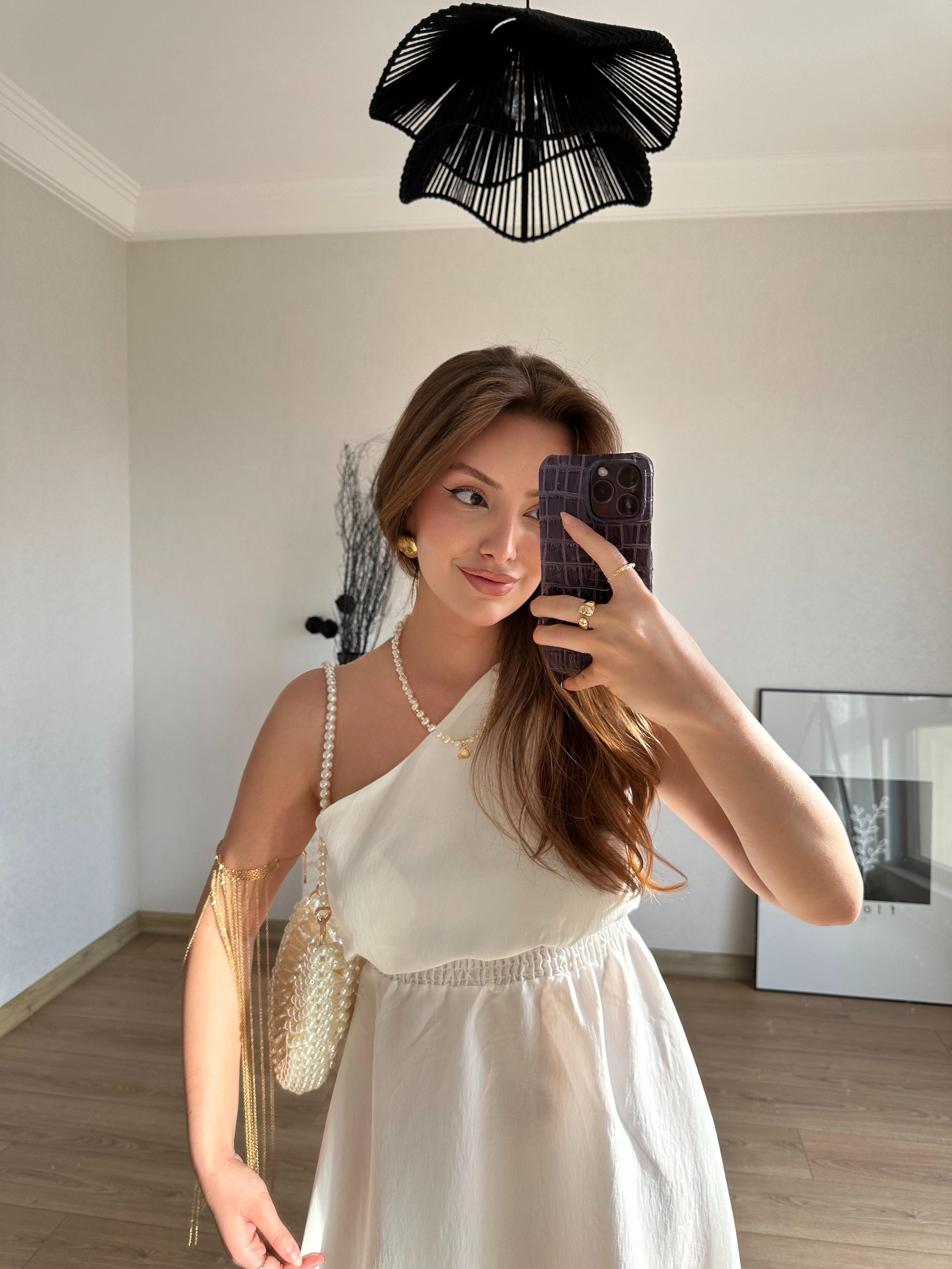 Beli Lastikli Tek Omuz Midi Elbise Ekru