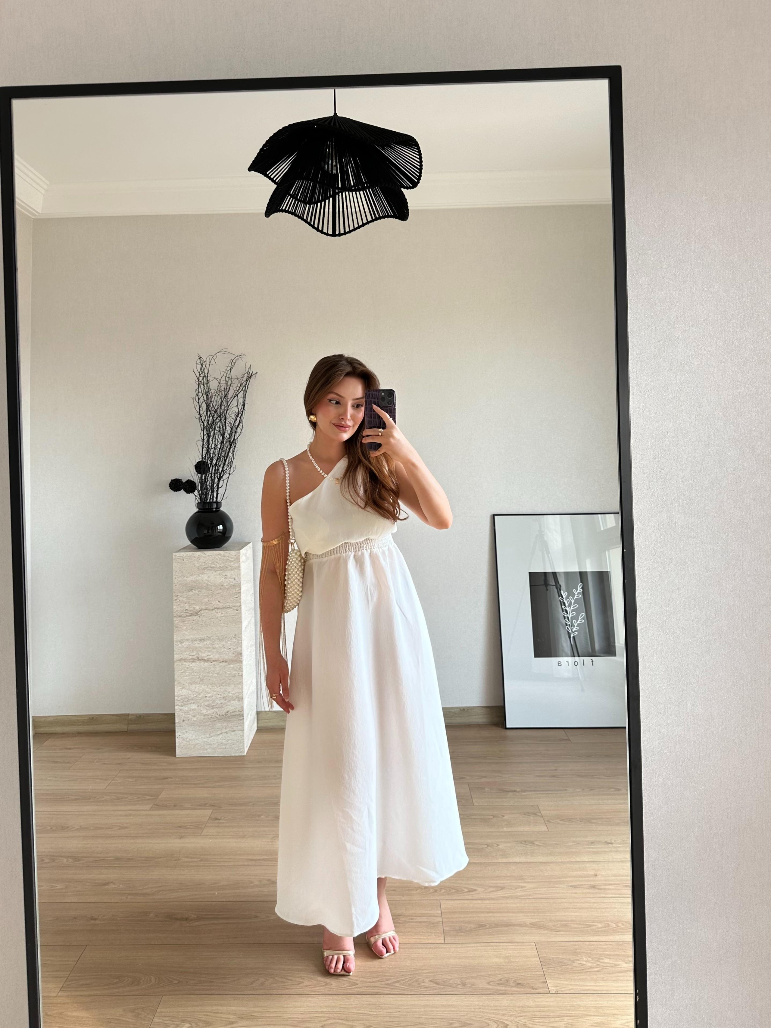 Beli Lastikli Tek Omuz Midi Elbise Ekru