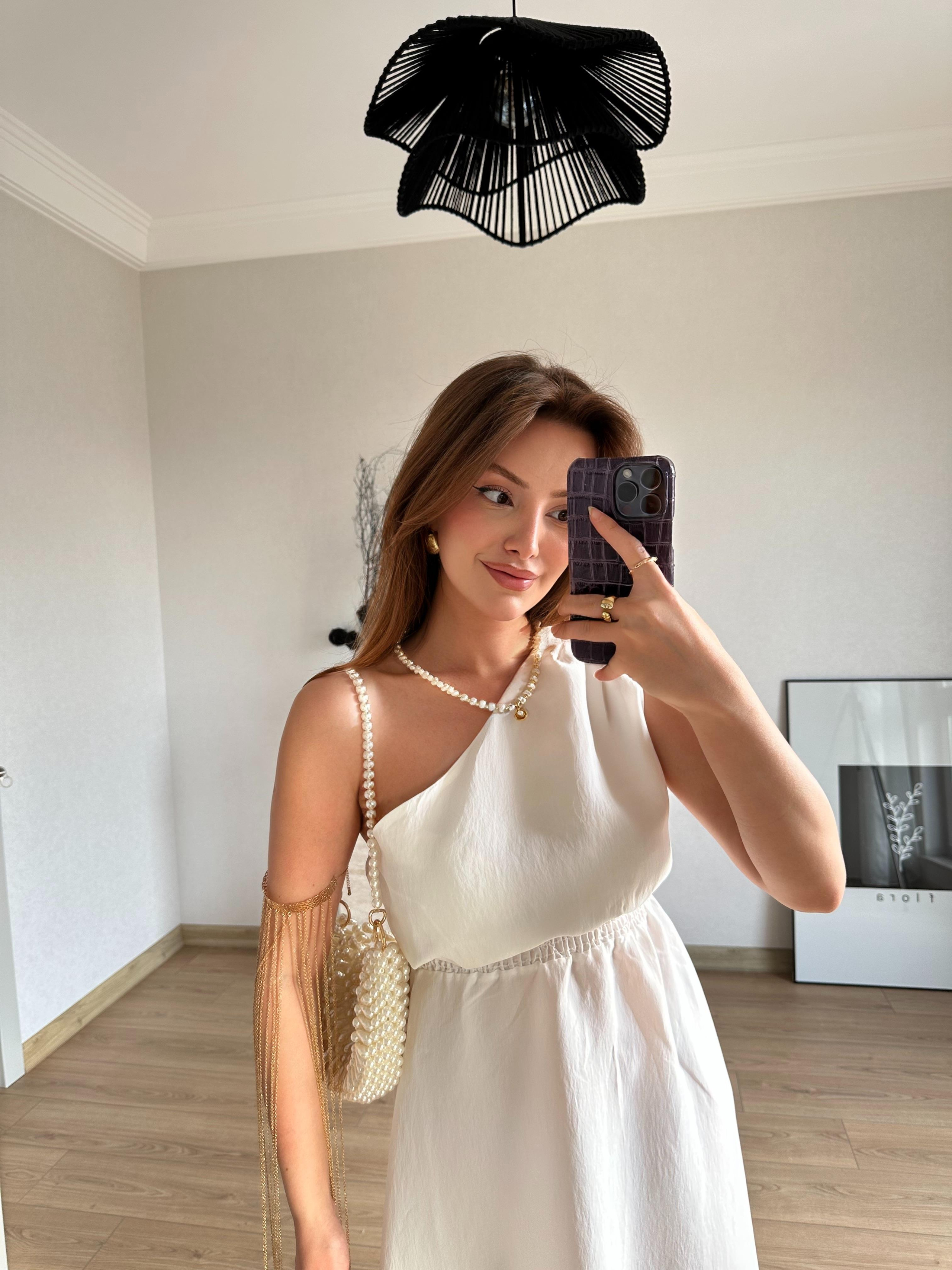 Beli Lastikli Tek Omuz Midi Elbise Ekru
