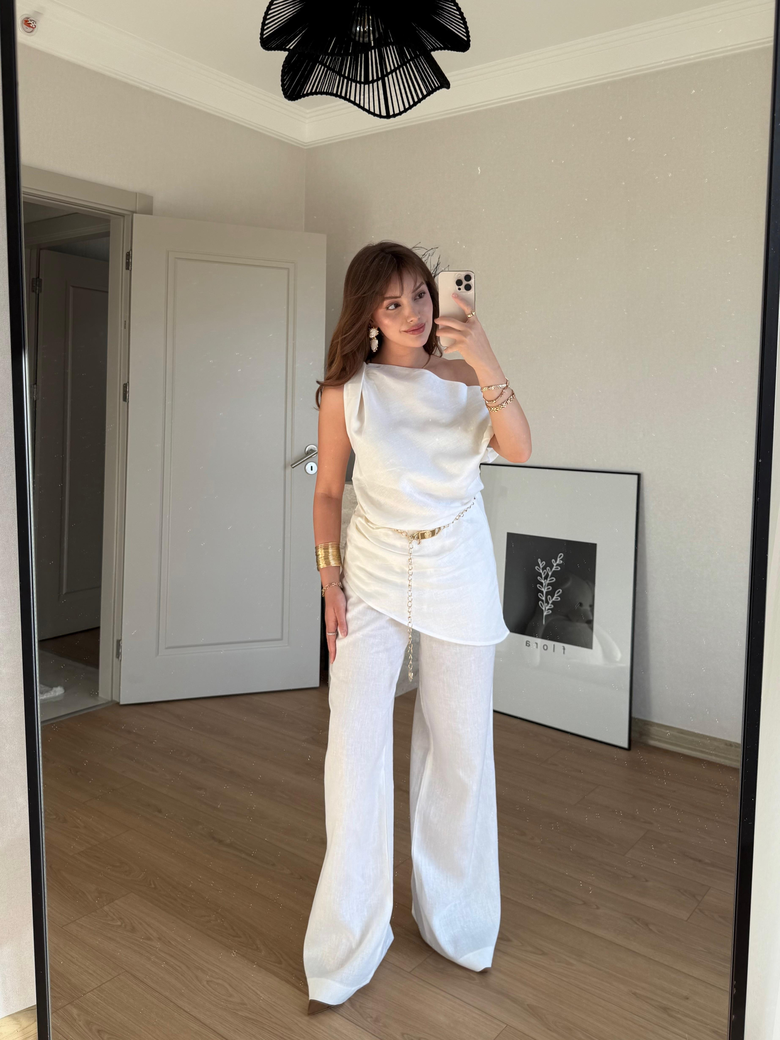 TAKIMECMEL BAŞARANBeyaz Taran Bluz Pantolon %100 Keten Takım