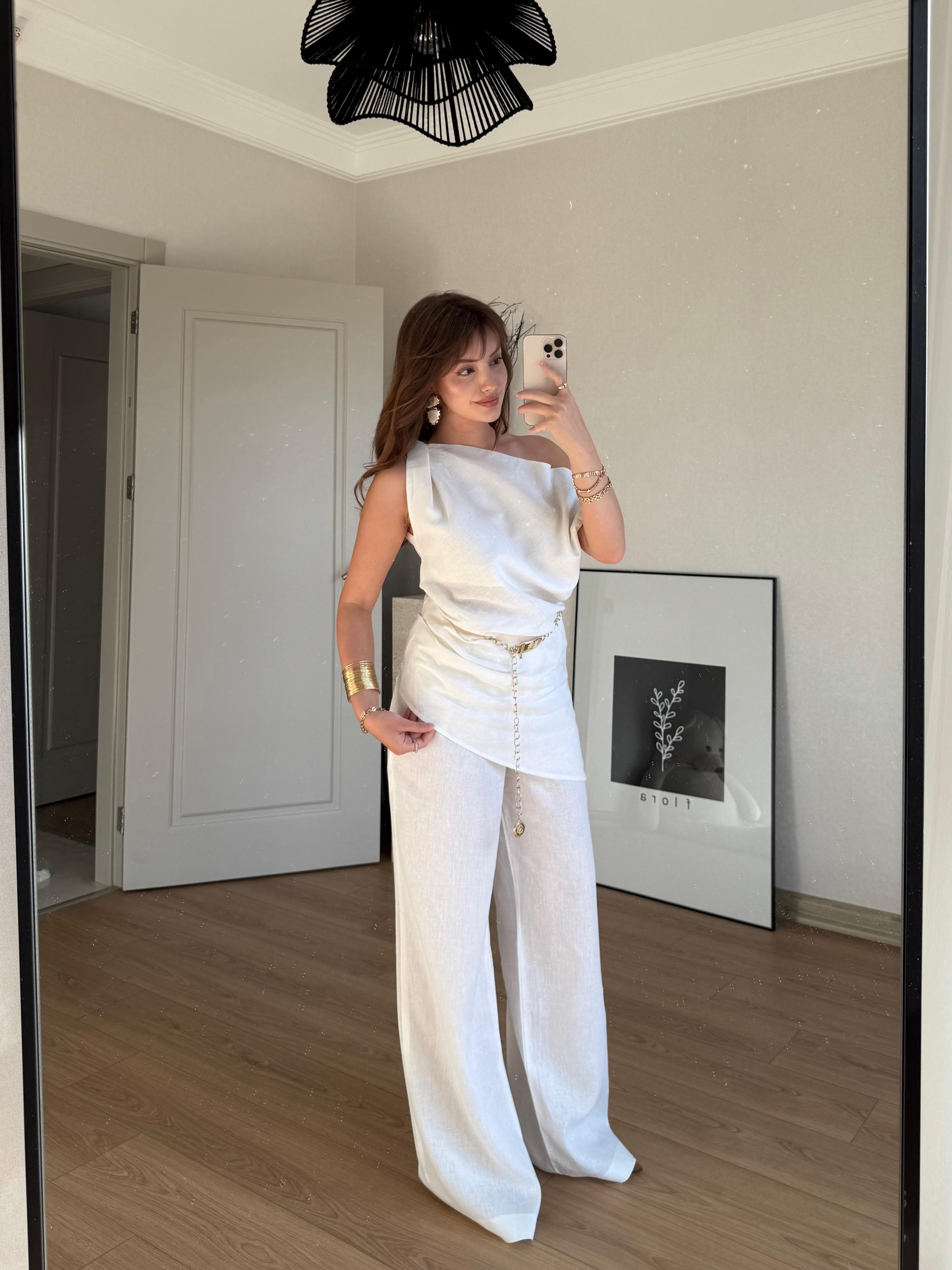 TAKIMECMEL BAŞARANBeyaz Taran Bluz Pantolon %100 Keten Takım