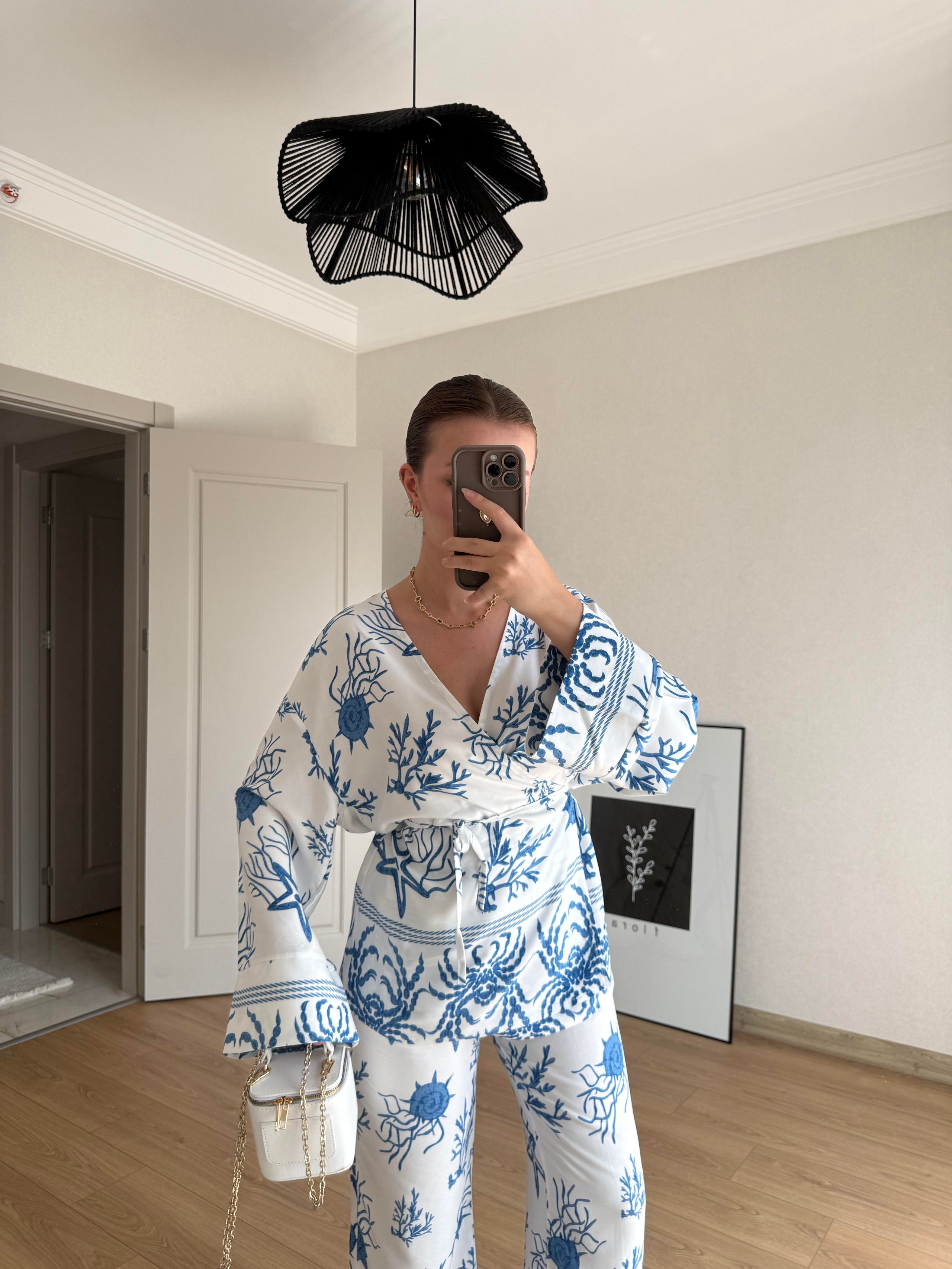 TAKIMECMEL BAŞARANDesenli Mavi Kimono Pantalon Takım