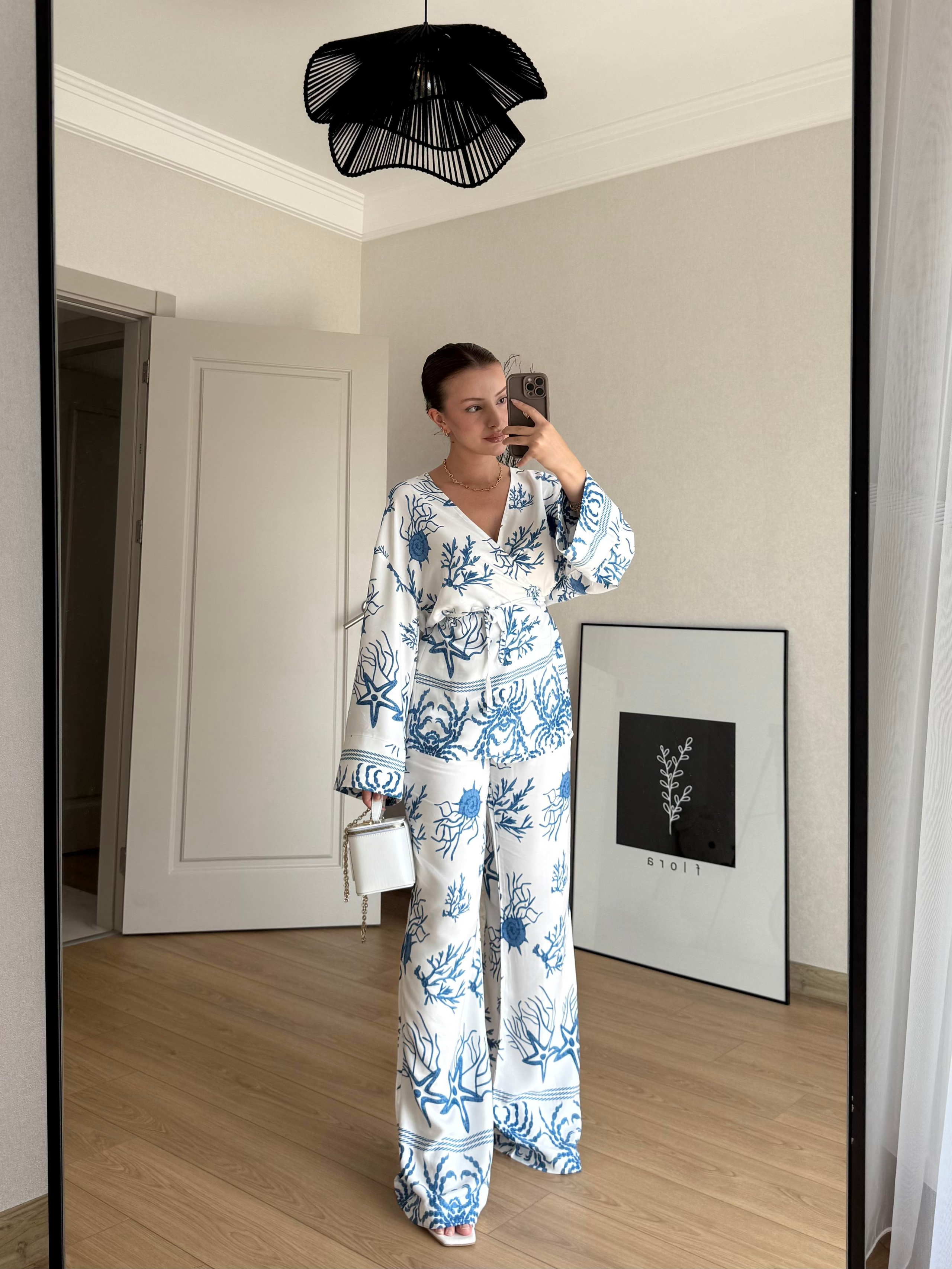 TAKIMECMEL BAŞARANDesenli Mavi Kimono Pantalon Takım