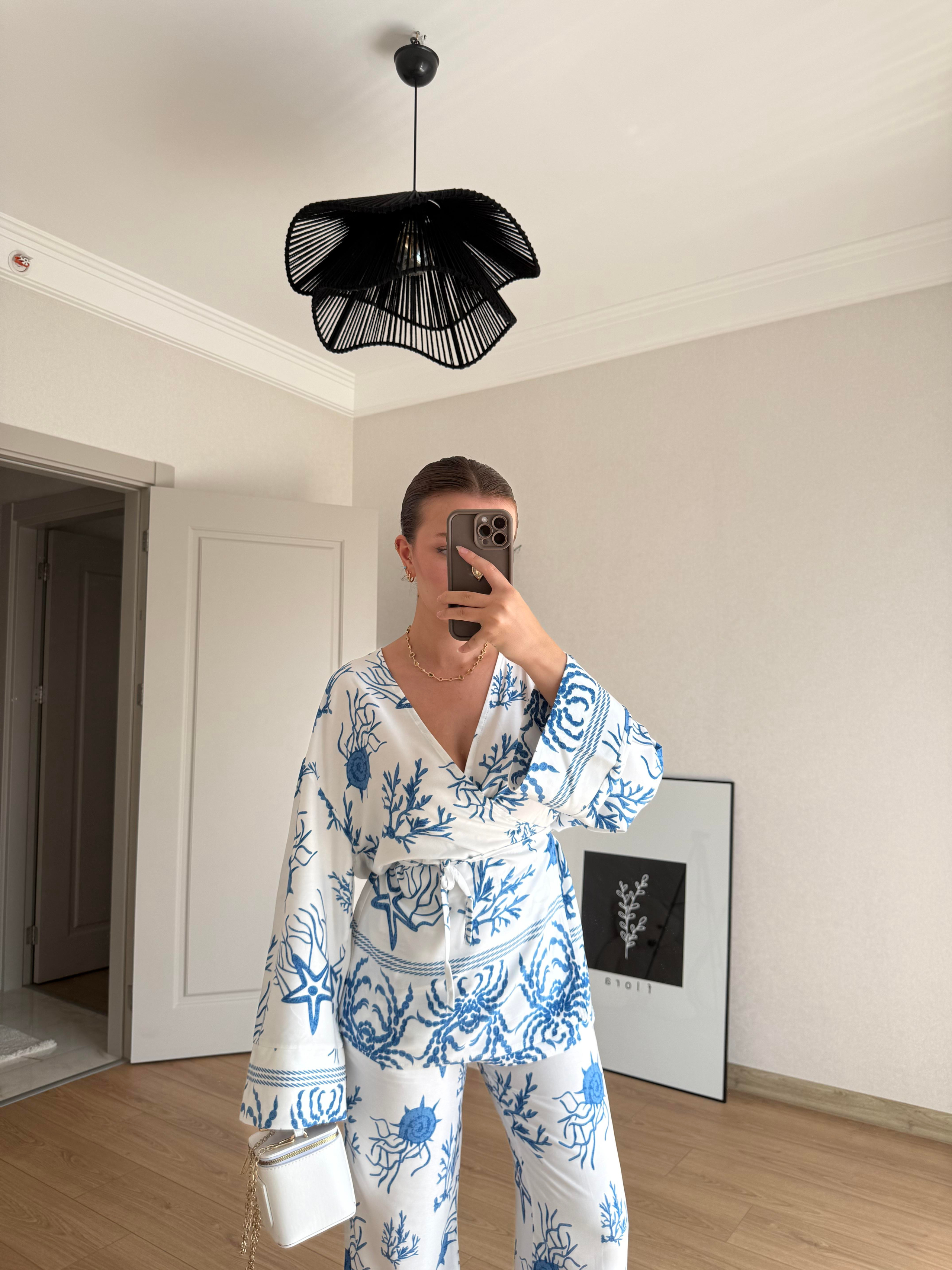 TAKIMECMEL BAŞARANDesenli Mavi Kimono Pantalon Takım
