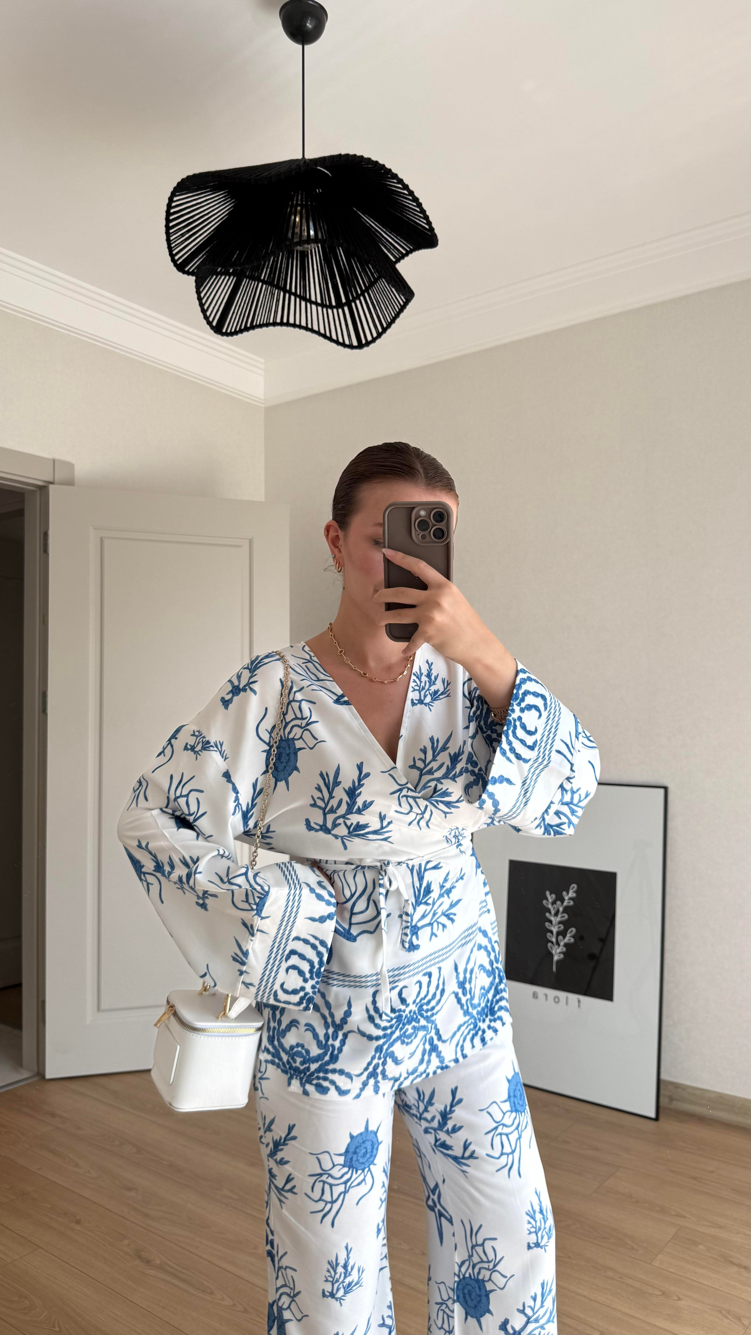 TAKIMECMEL BAŞARANDesenli Mavi Kimono Pantalon Takım