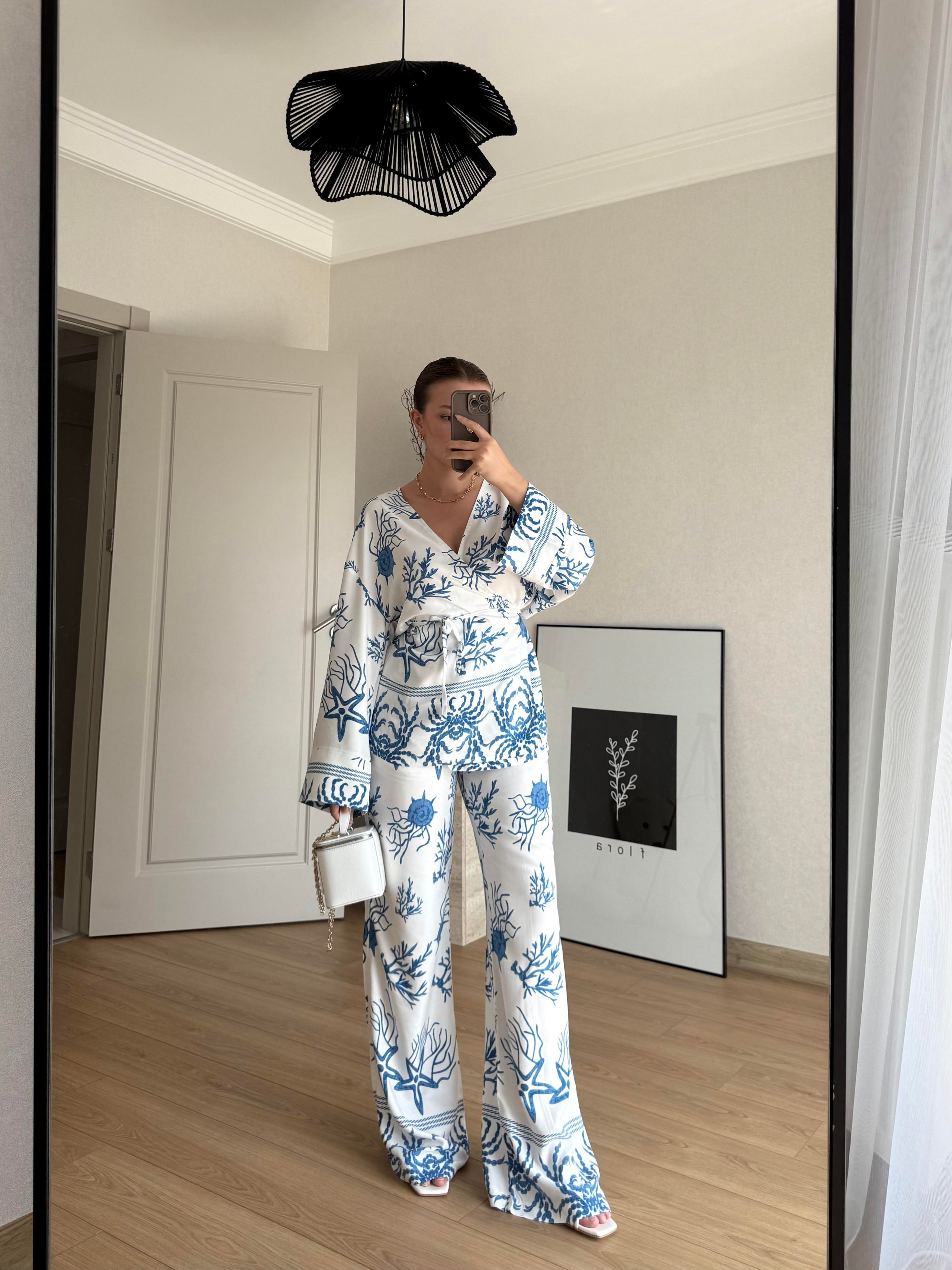 TAKIMECMEL BAŞARANDesenli Mavi Kimono Pantalon Takım