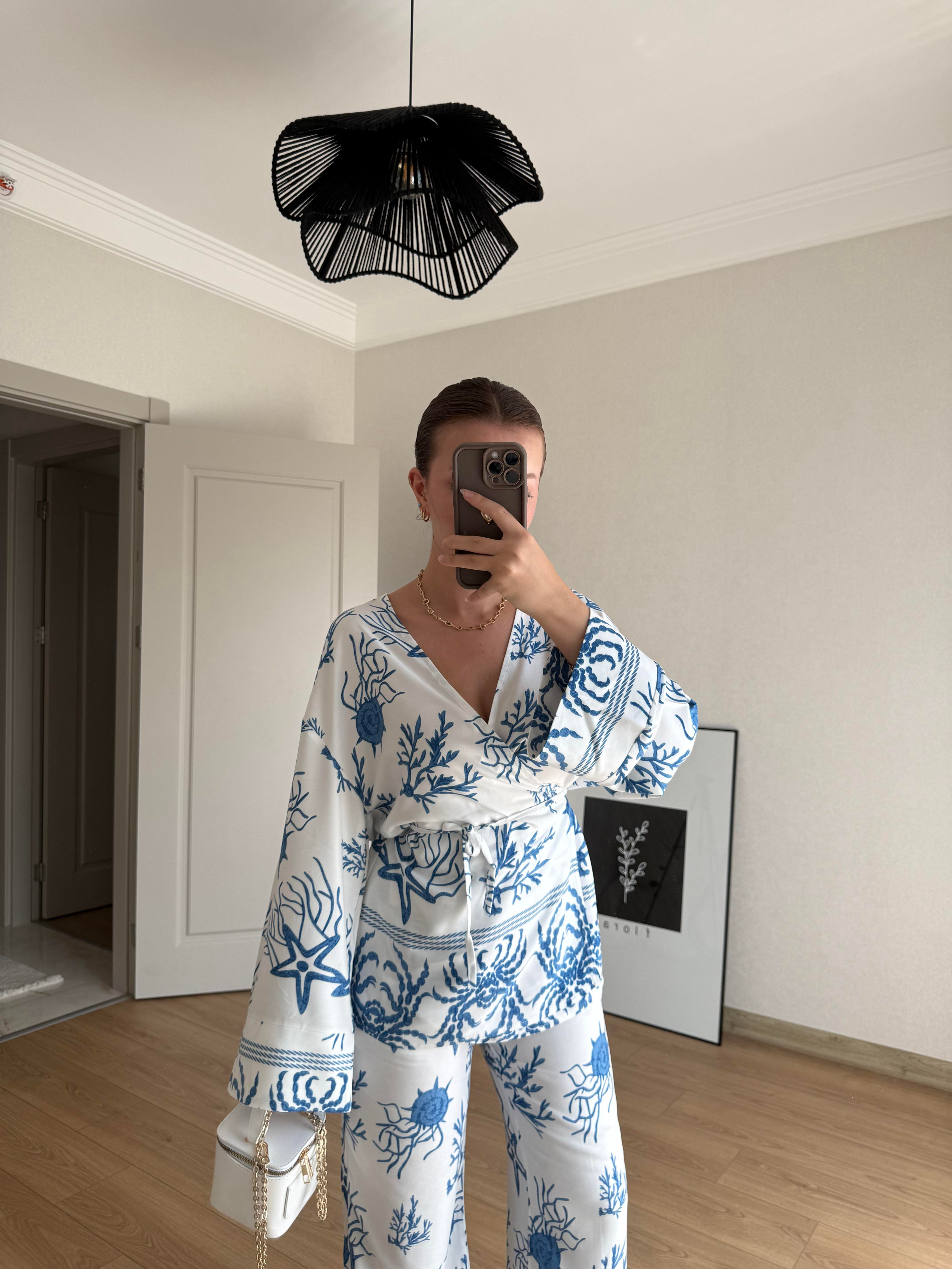 TAKIMECMEL BAŞARANDesenli Mavi Kimono Pantalon Takım