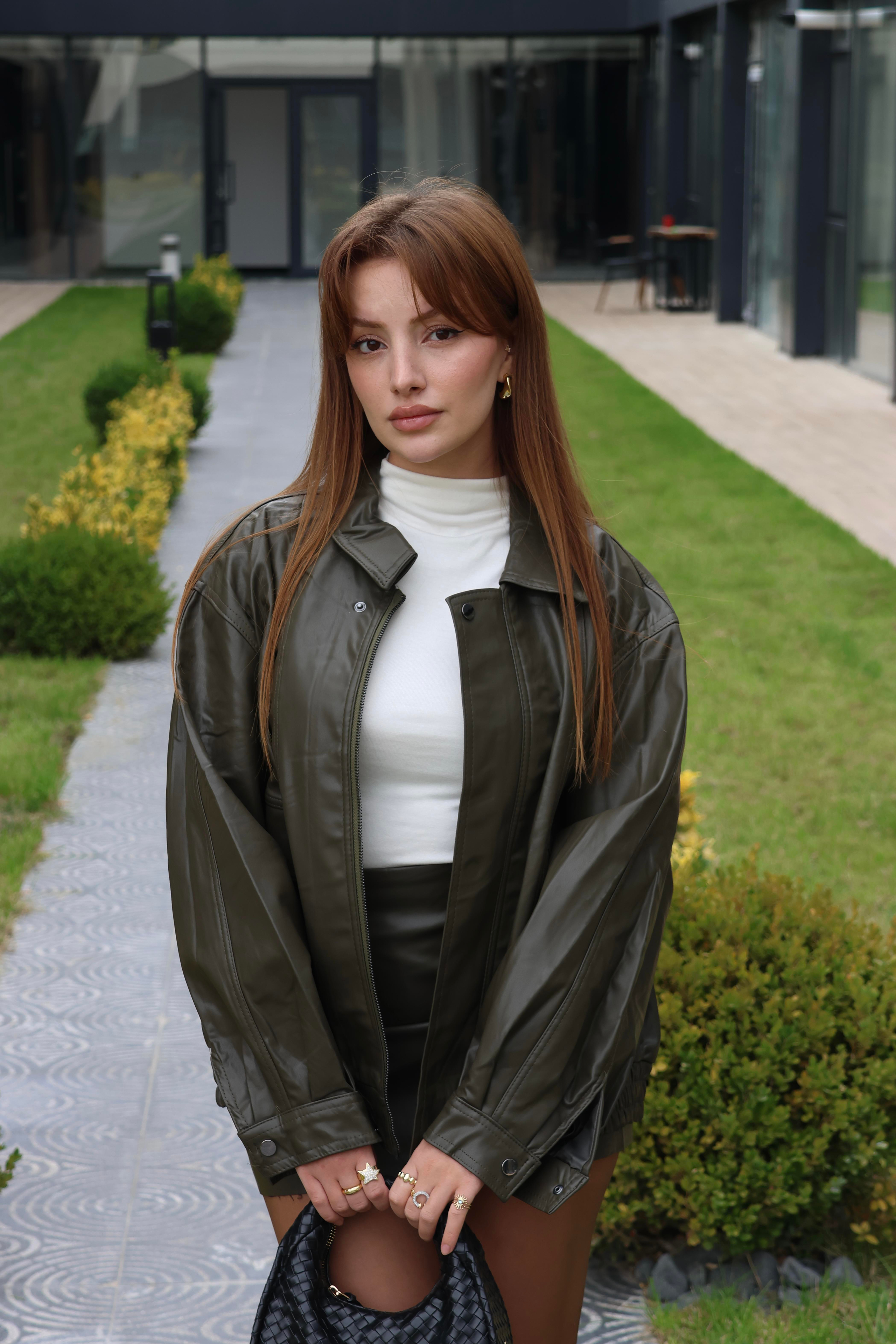 CEKETECMEL BAŞARANHaki Metal Düğmeli Deri Ceket