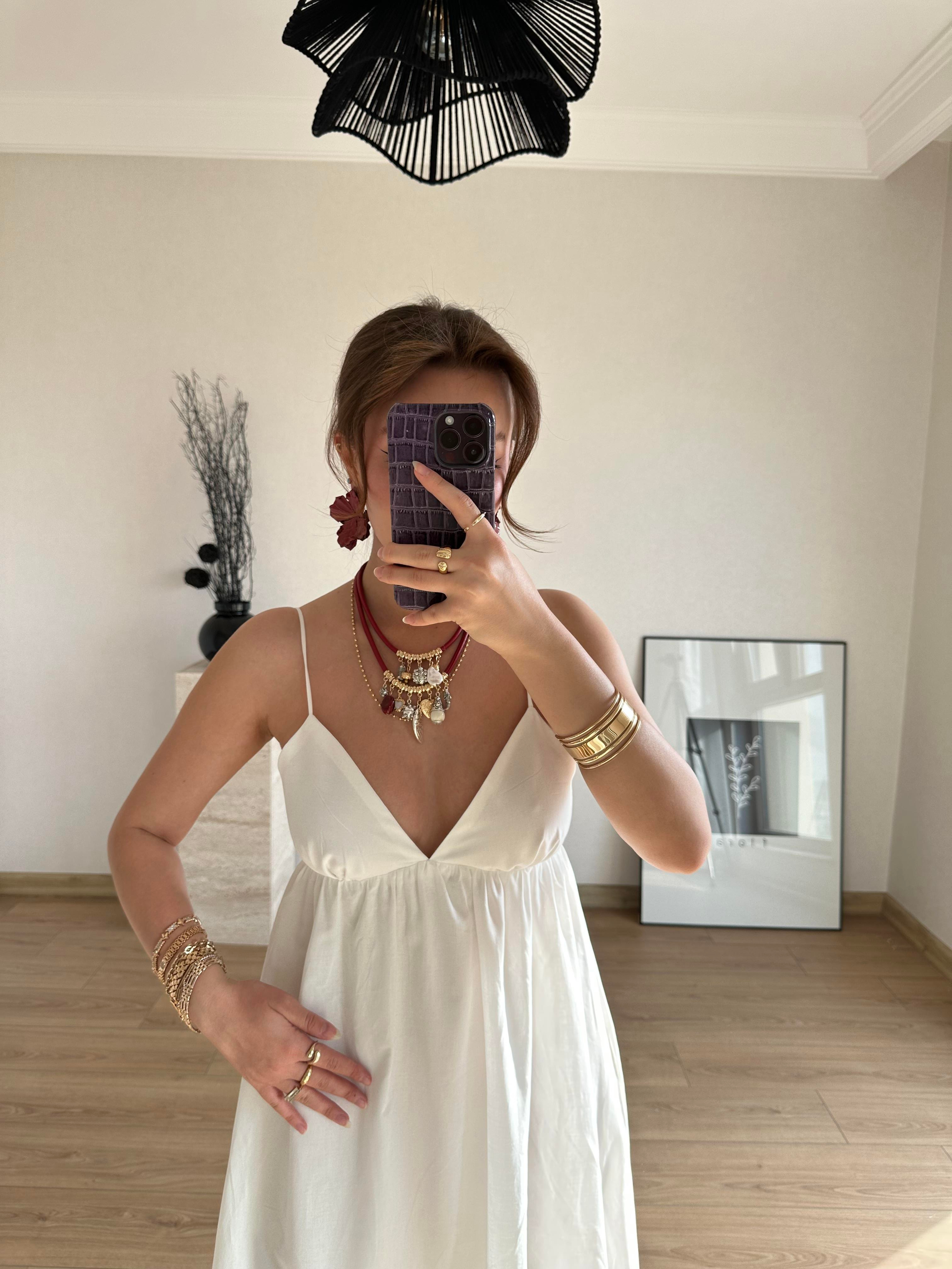 İnce Askılı V Yaka Uzun Elbise Ekru