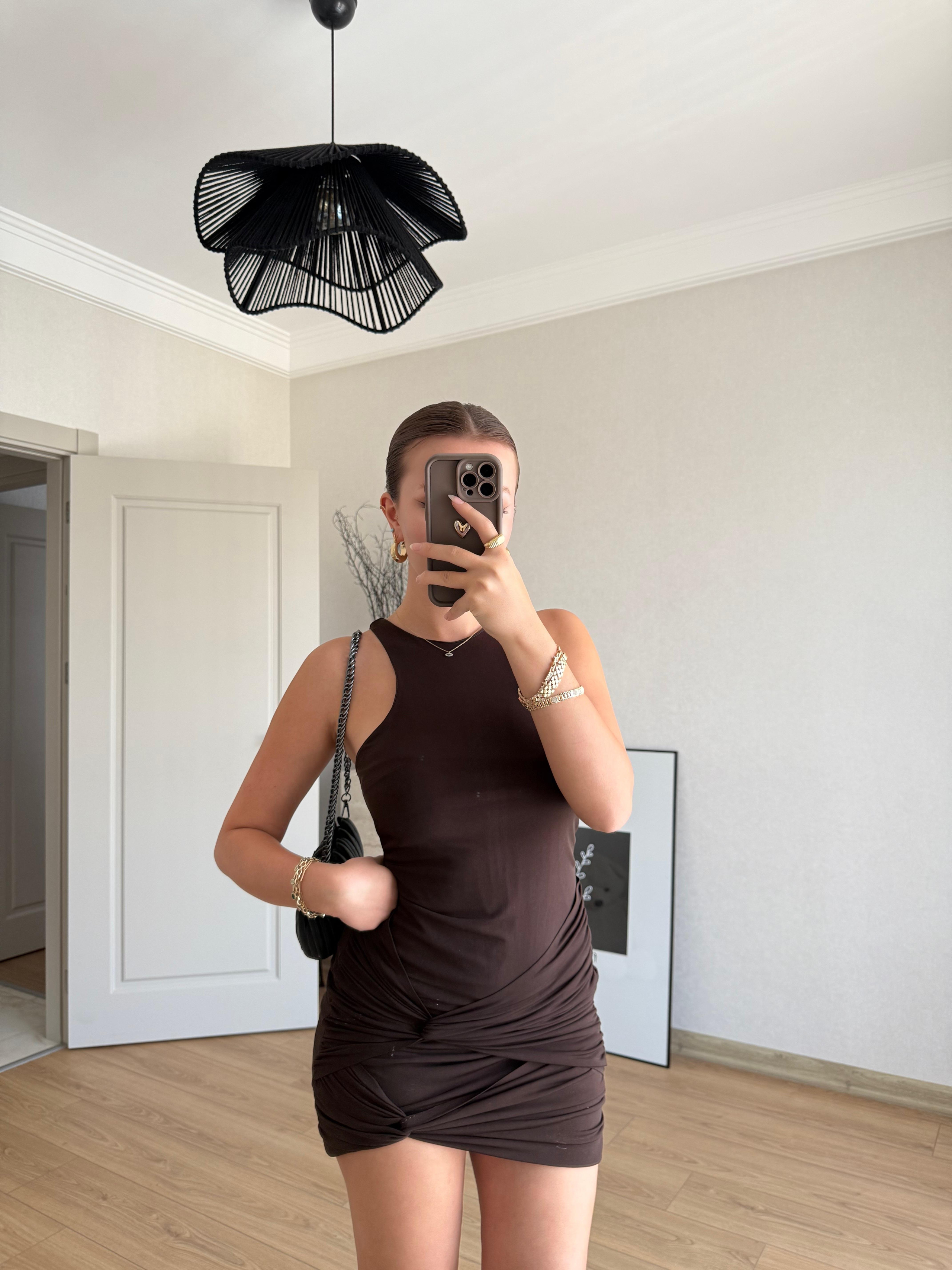 ELBİSEECMEL BAŞARANKahverengi Düğüm Detaylı Mini Elbise