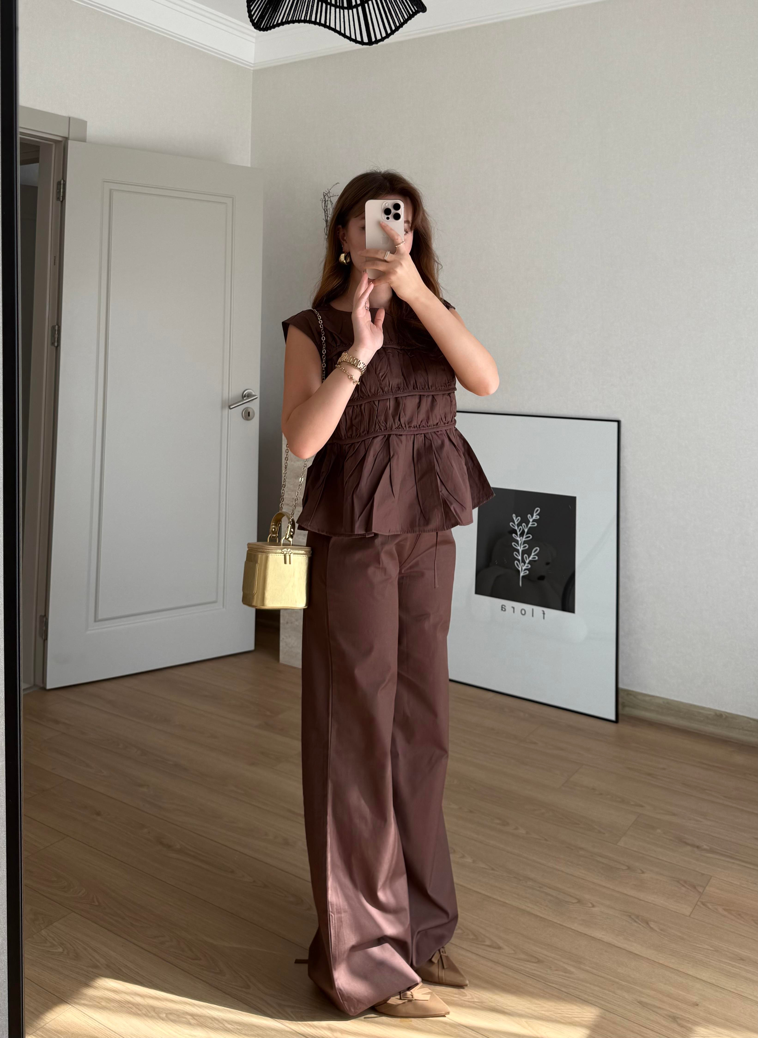 TAKIMECMEL BAŞARANKAHVERENGİ LAYER PANTALON BLUZ TAKIM