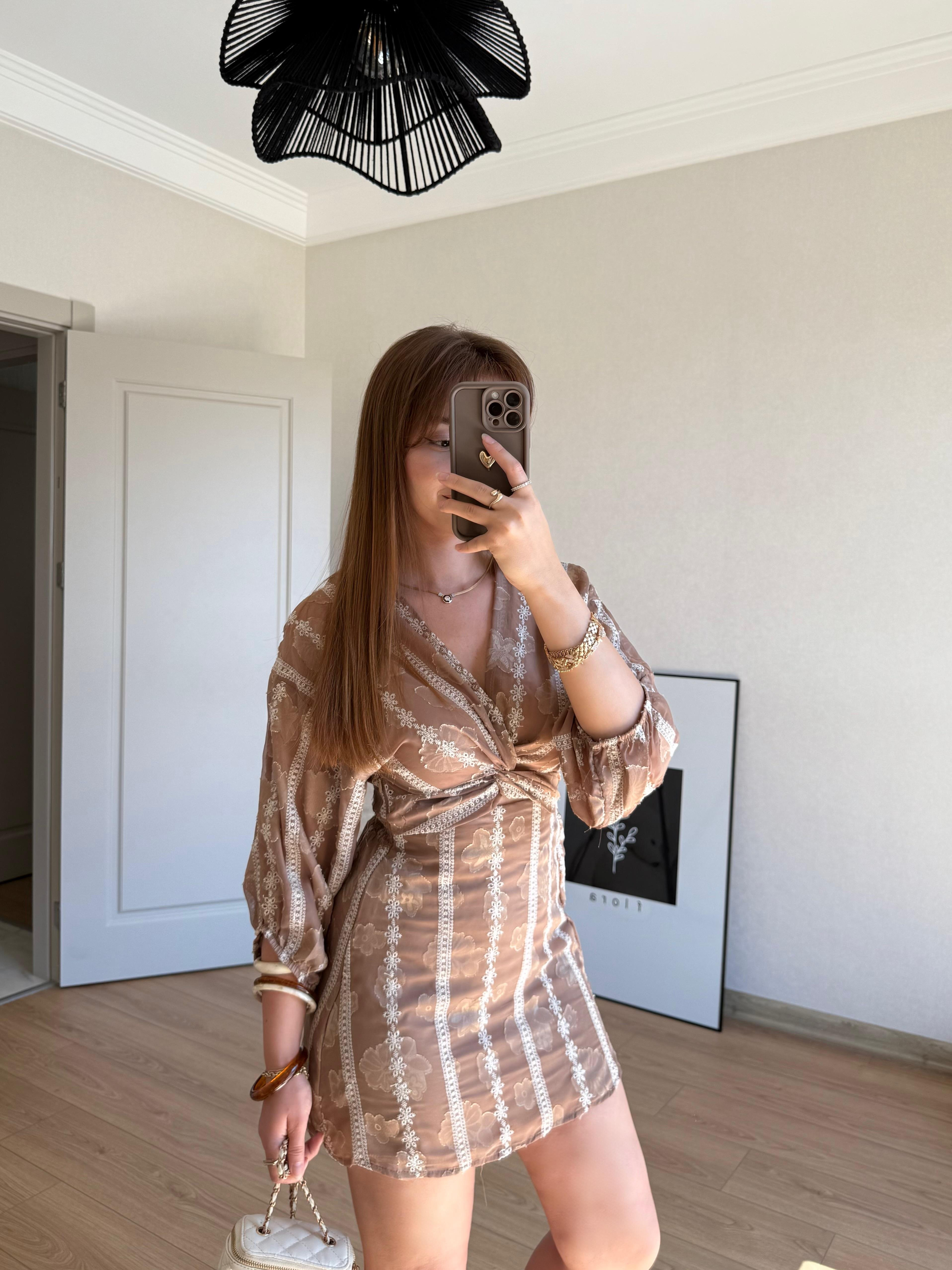 ELBİSEECMEL BAŞARANKahverengi Ön Düğümlü İşlemeli Elbise