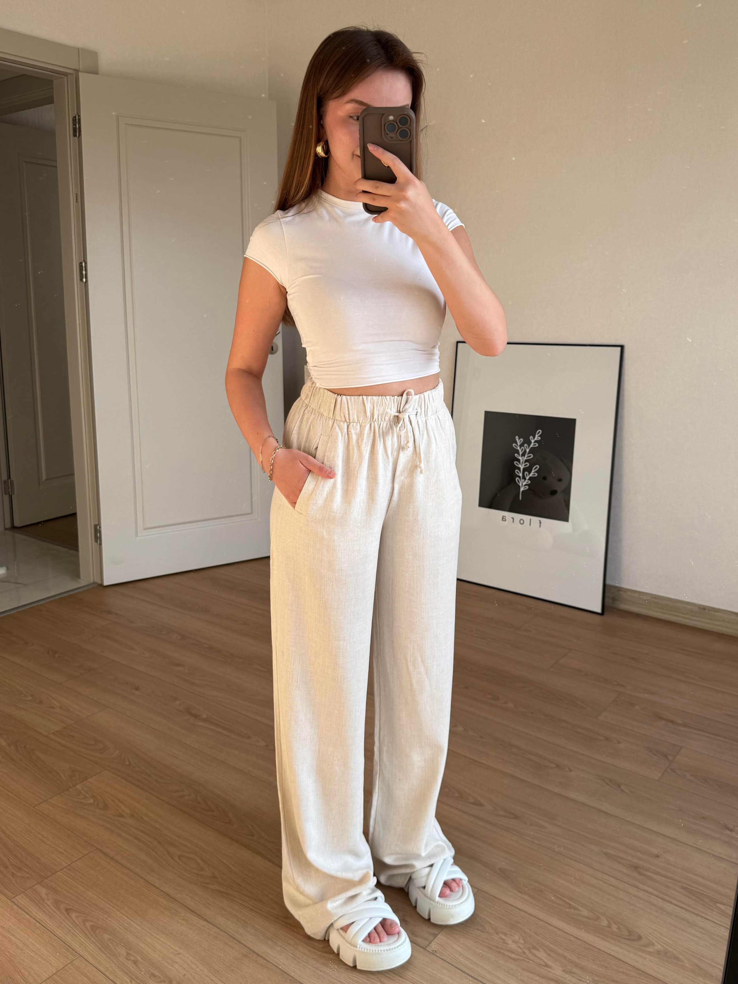 ALT GİYİMECMEL BAŞARANKETEN LASTİKLİ PALAZZO BEJ PANTALON