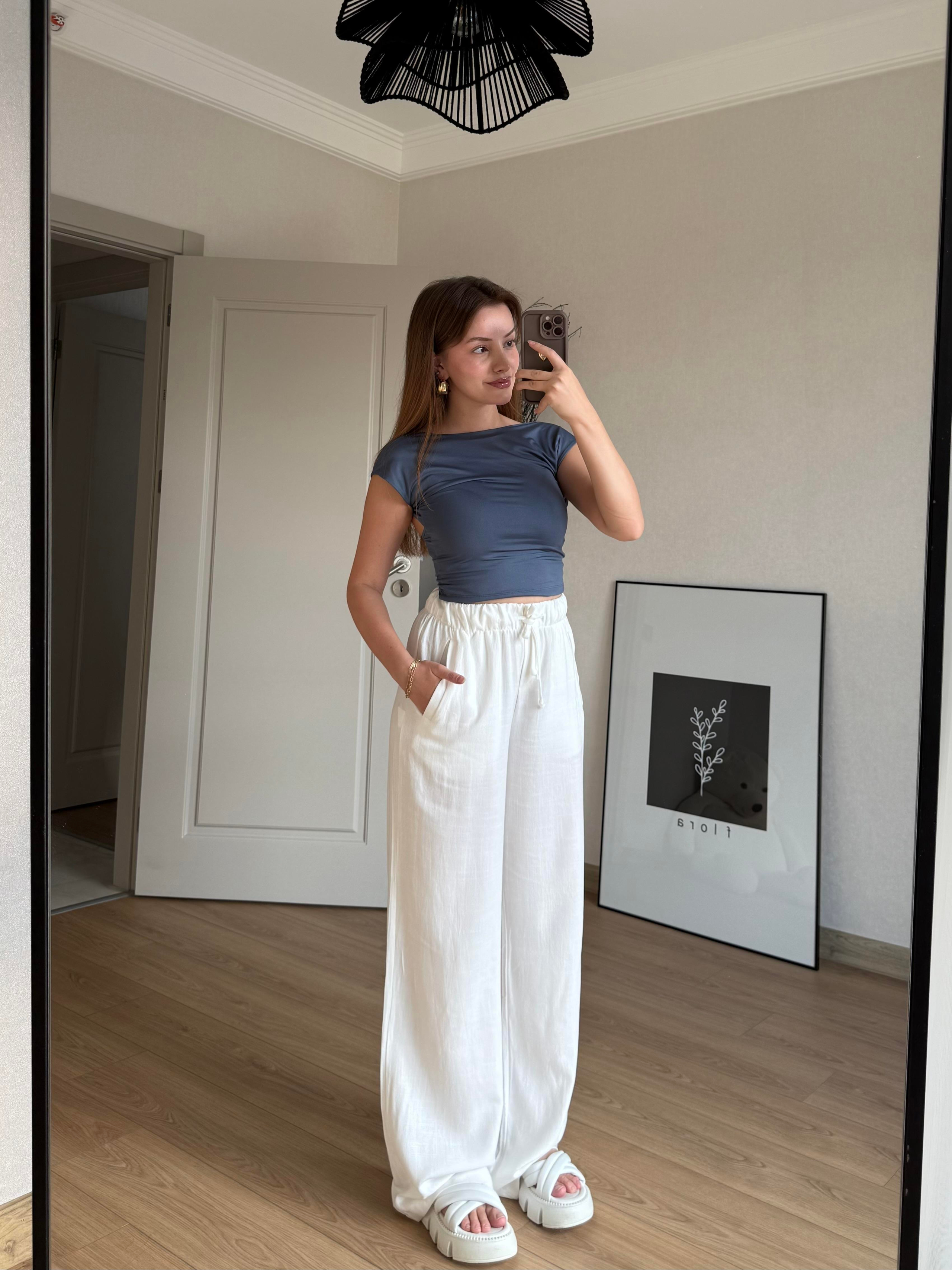 ALT GİYİMECMEL BAŞARANKETEN LASTİKLİ PALAZZO BEYAZ PANTALON