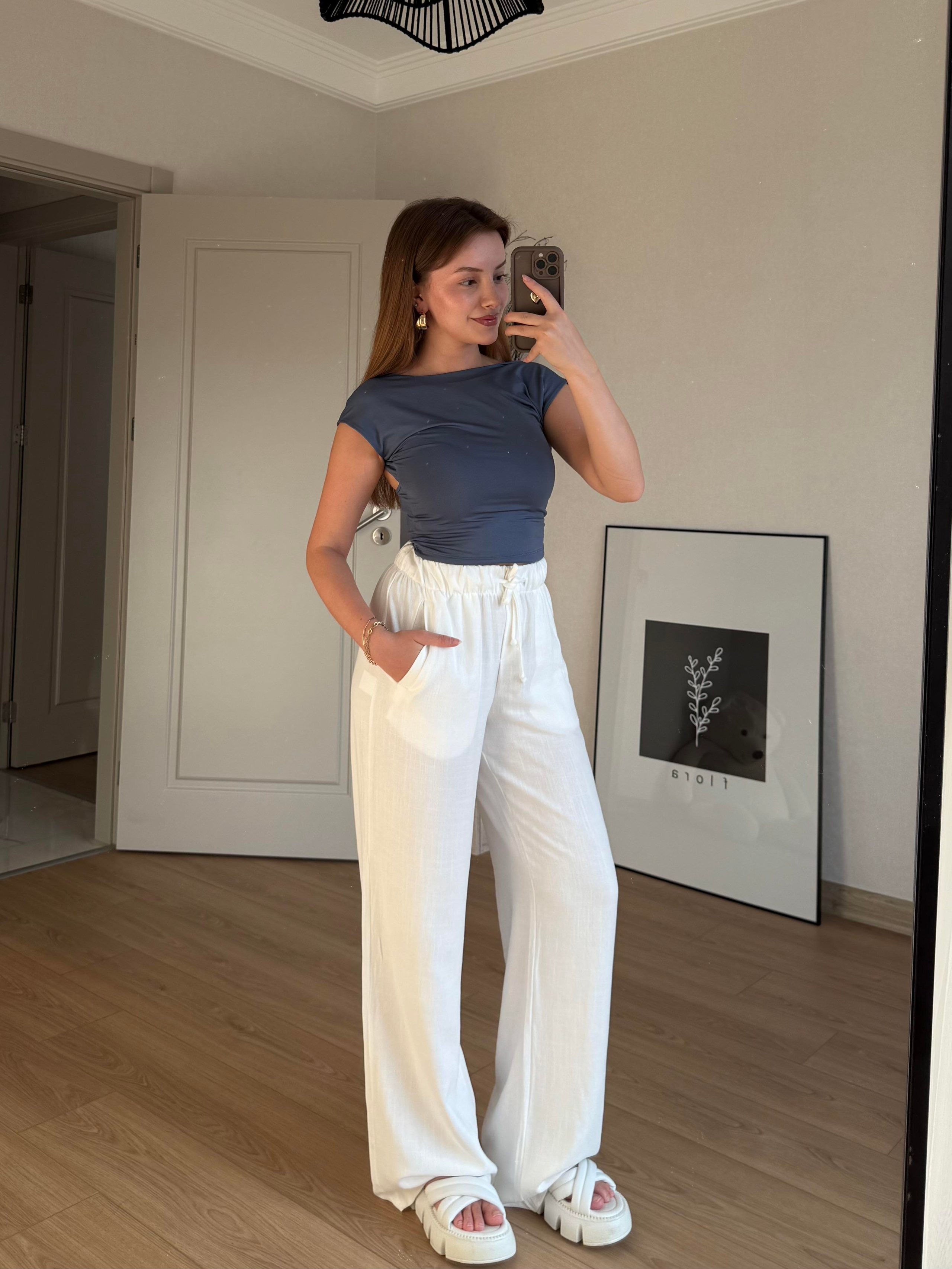 ALT GİYİMECMEL BAŞARANKETEN LASTİKLİ PALAZZO BEYAZ PANTALON