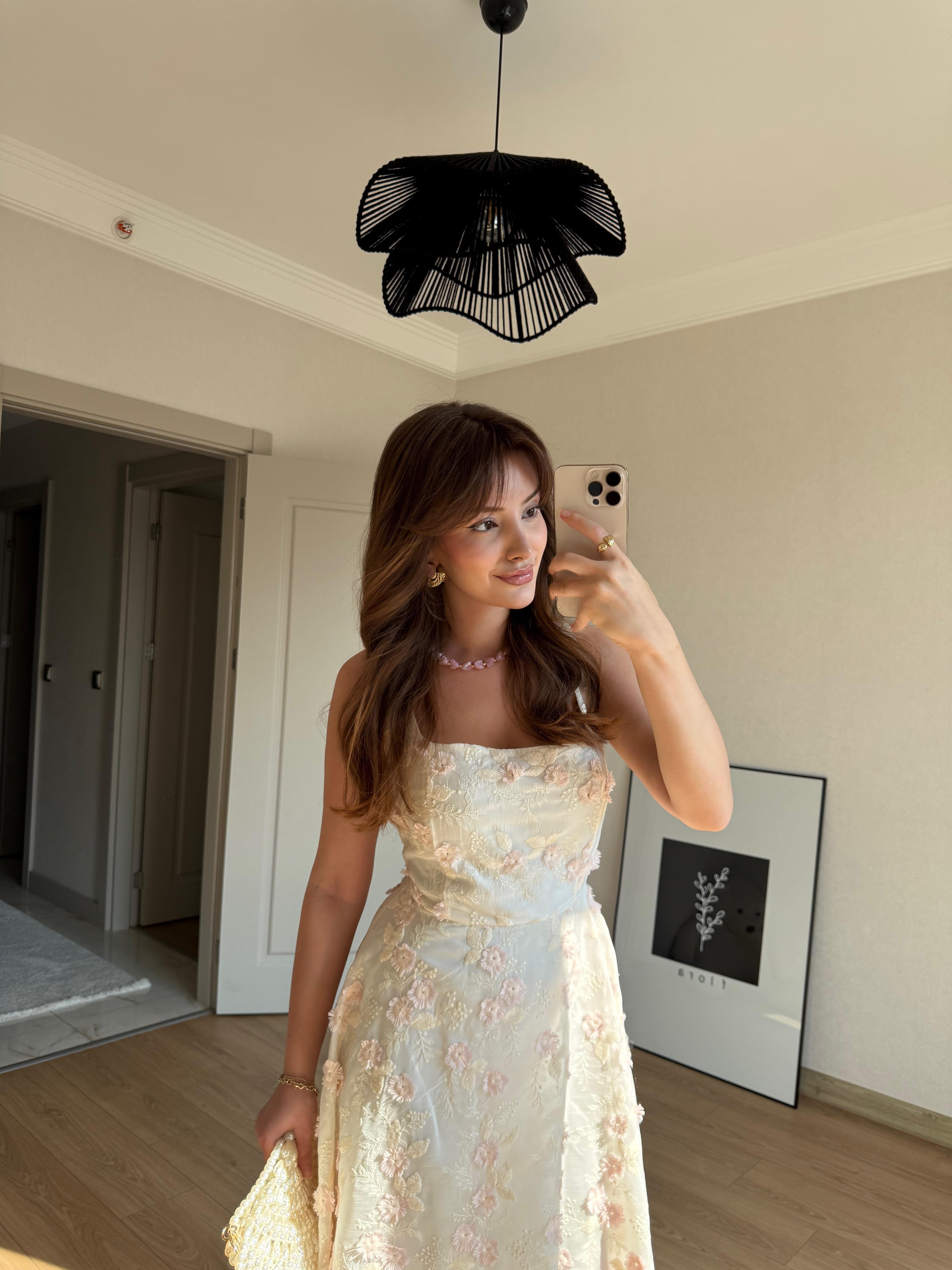 ELBİSEECMEL BAŞARANPembe Çiçek Detaylı Romantik Elbise