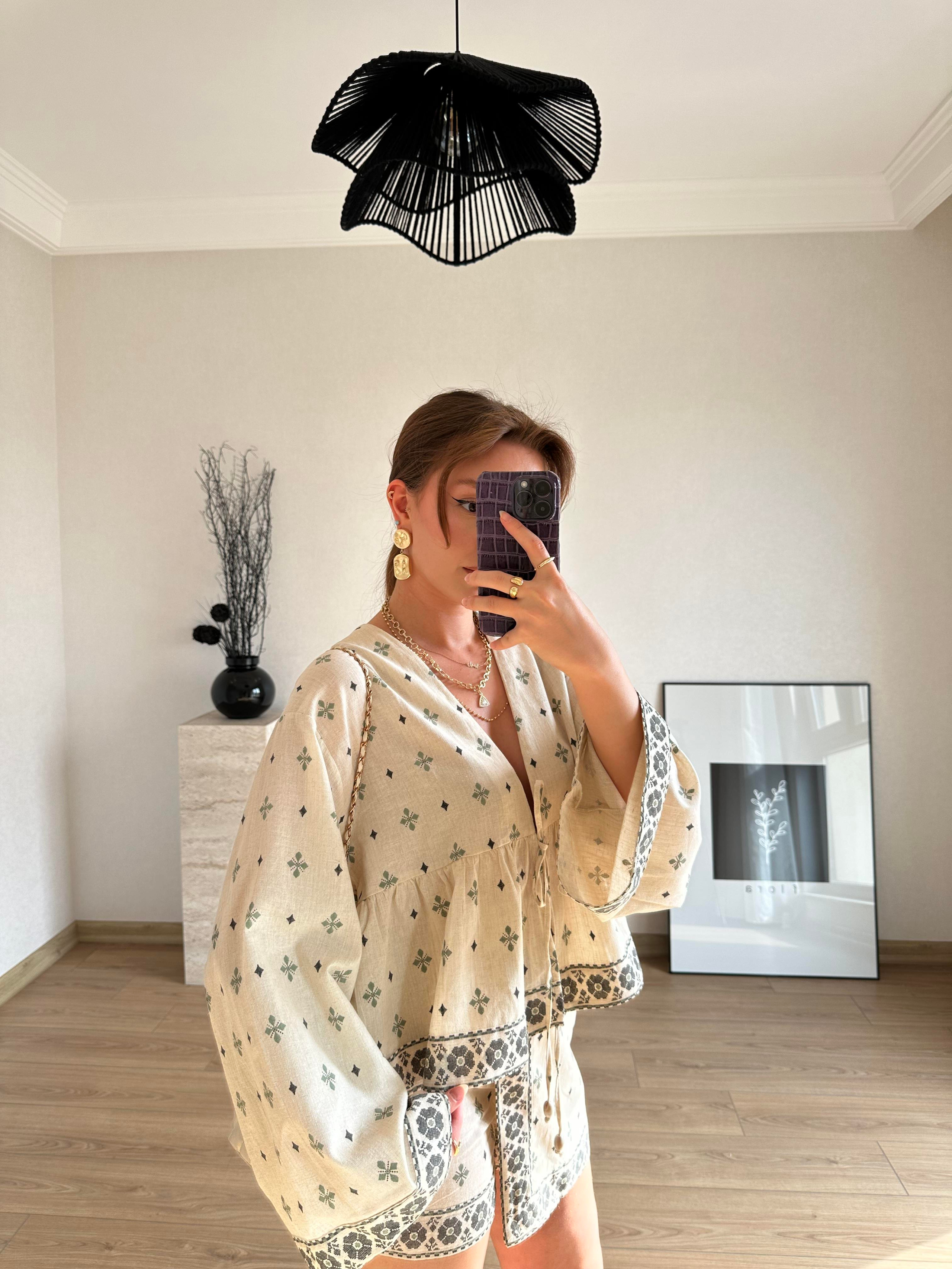 Pile Detaylı Etnik Desenli Bağlamalı Kısa Keten Kimono Naturel