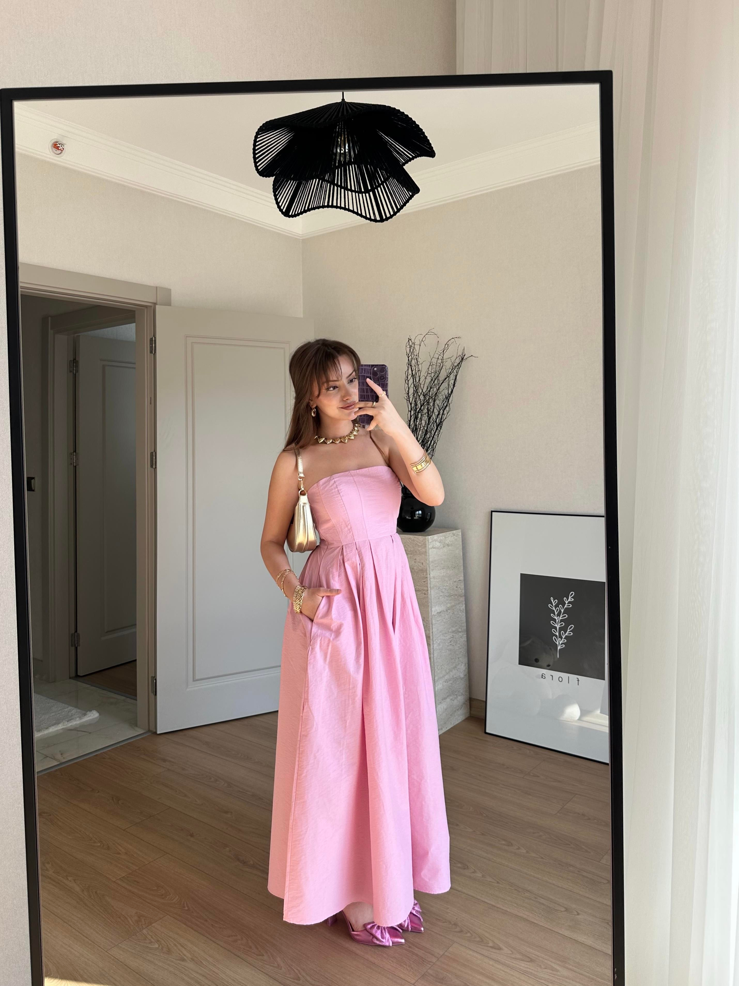 Pile Detaylı Uzun Elbise Pembe