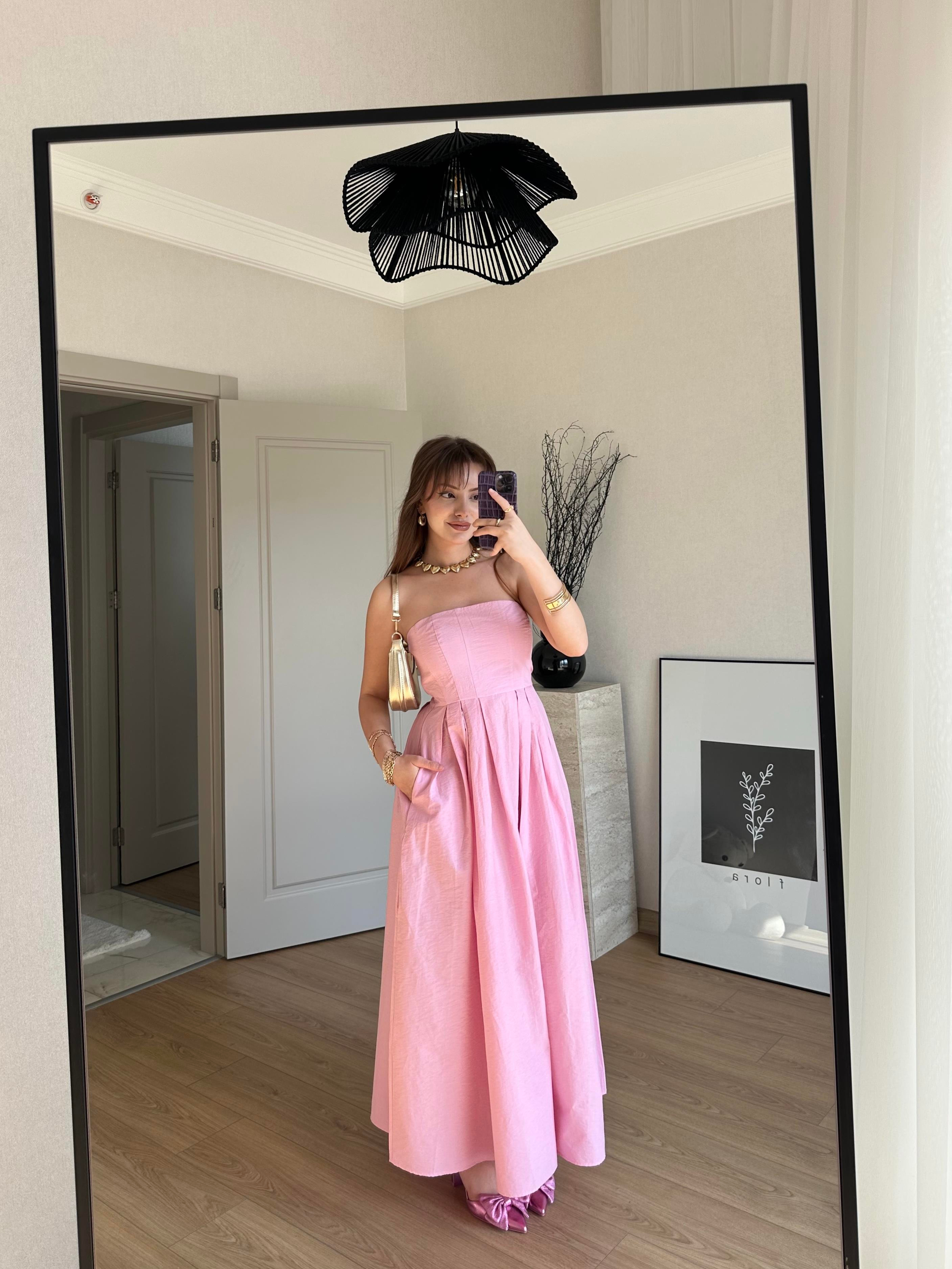 Pile Detaylı Uzun Elbise Pembe