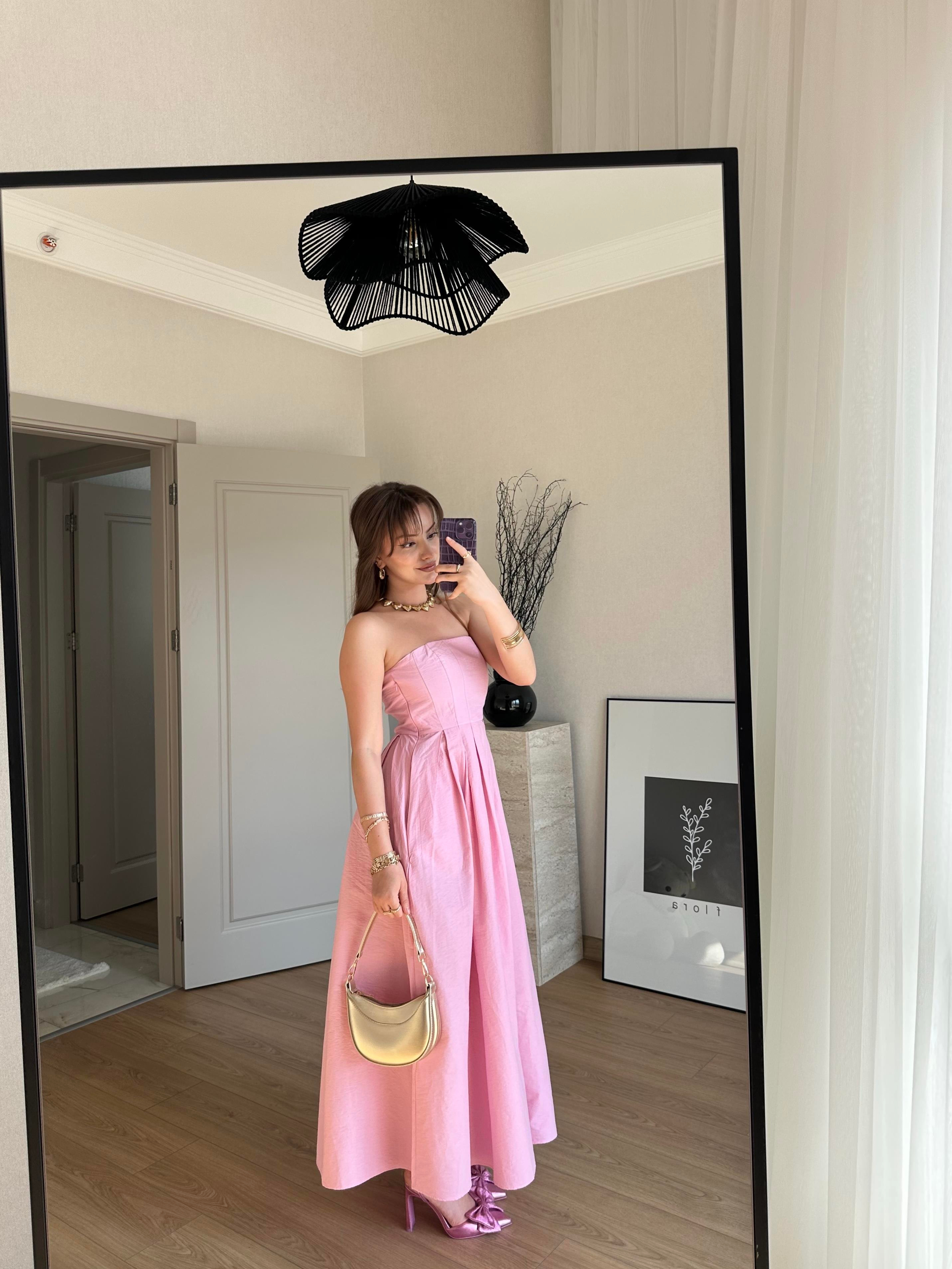 Pile Detaylı Uzun Elbise Pembe