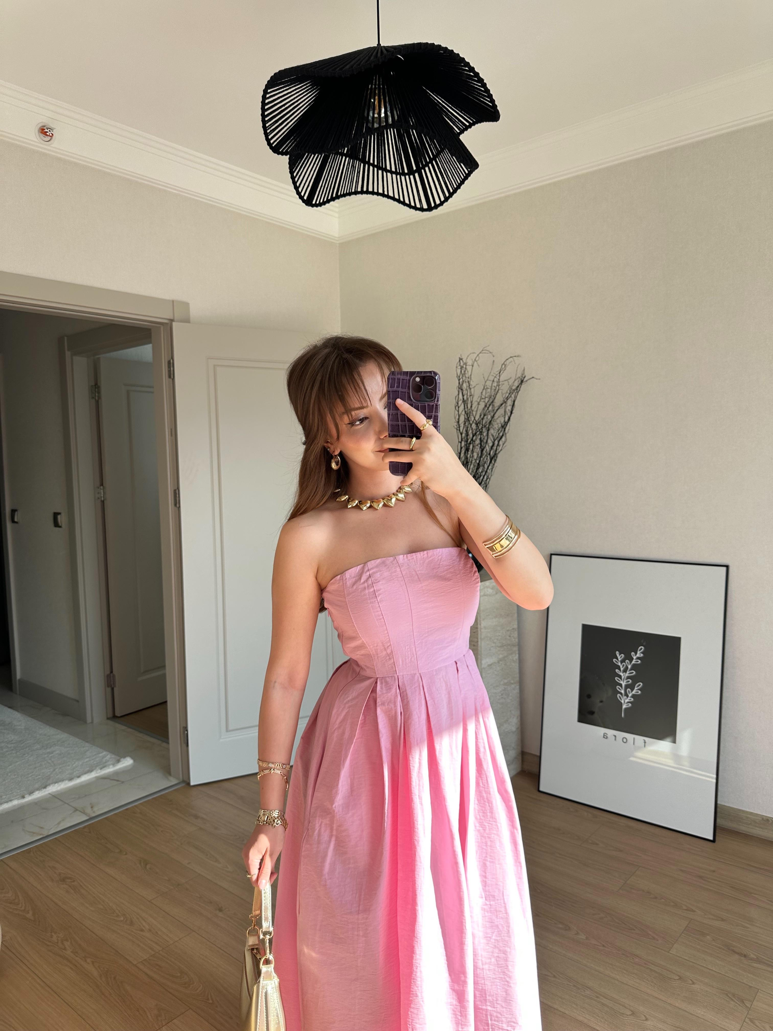Pile Detaylı Uzun Elbise Pembe