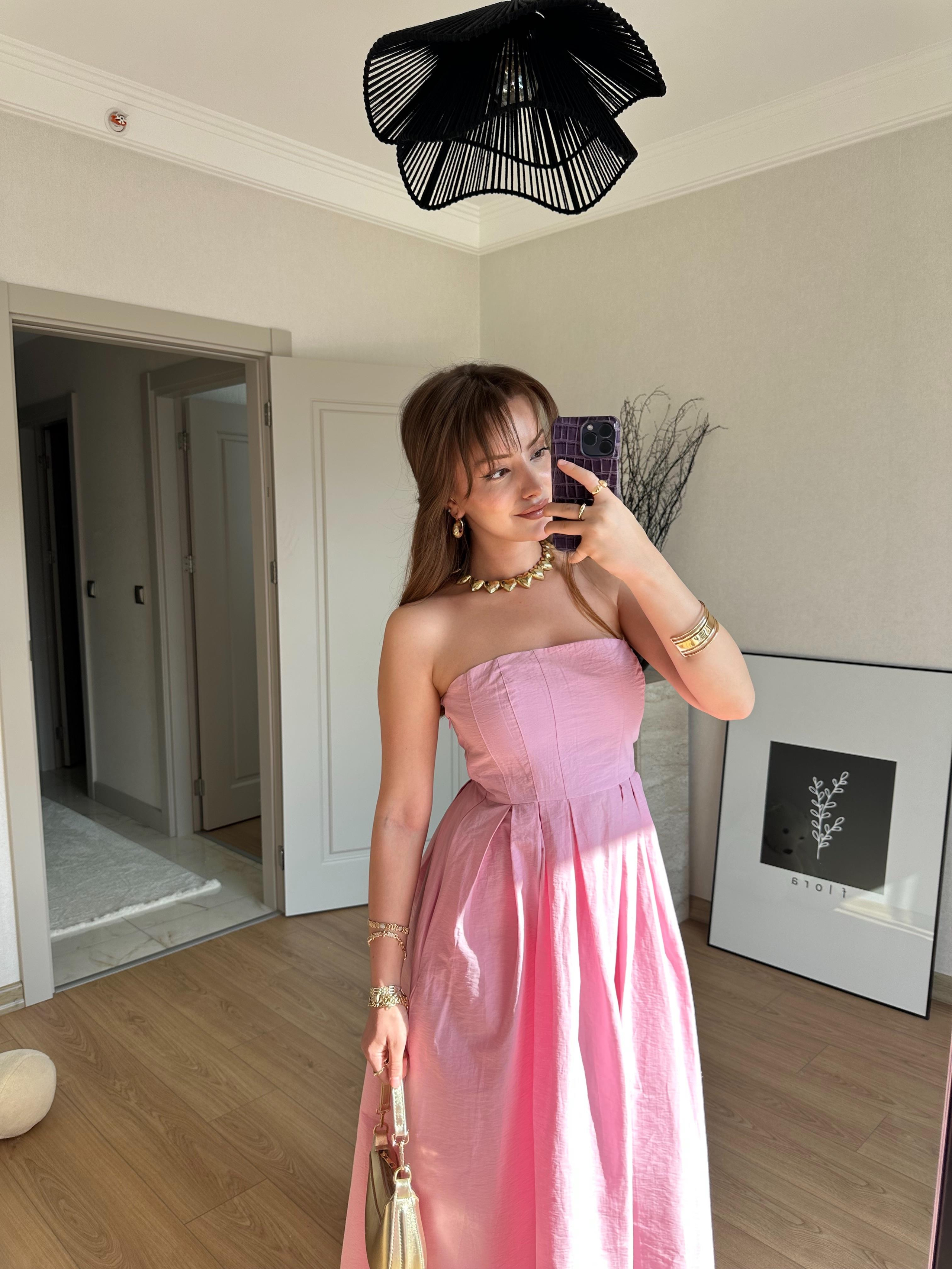 Pile Detaylı Uzun Elbise Pembe