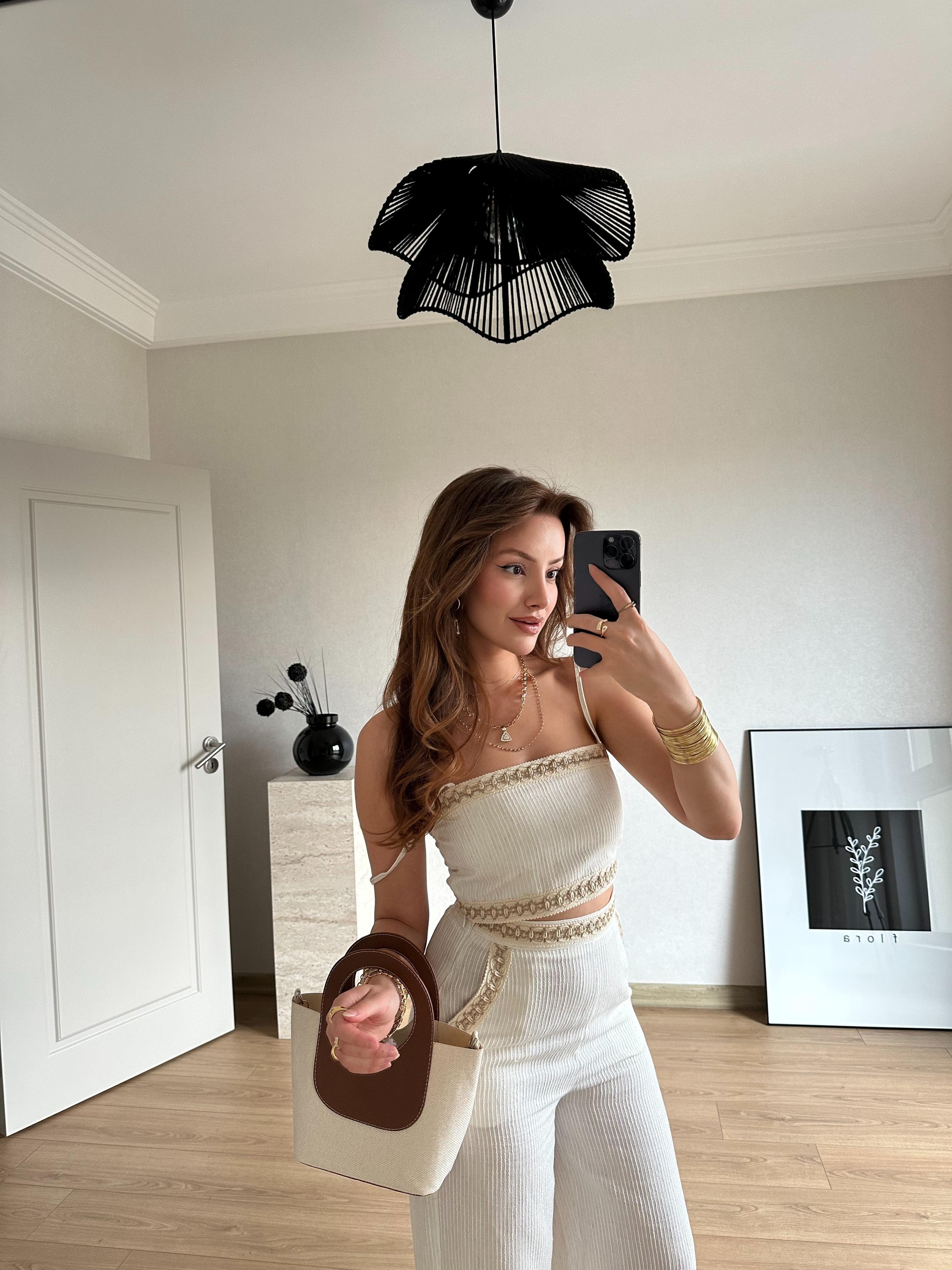 Şerit Detaylı Pantolon Ekru