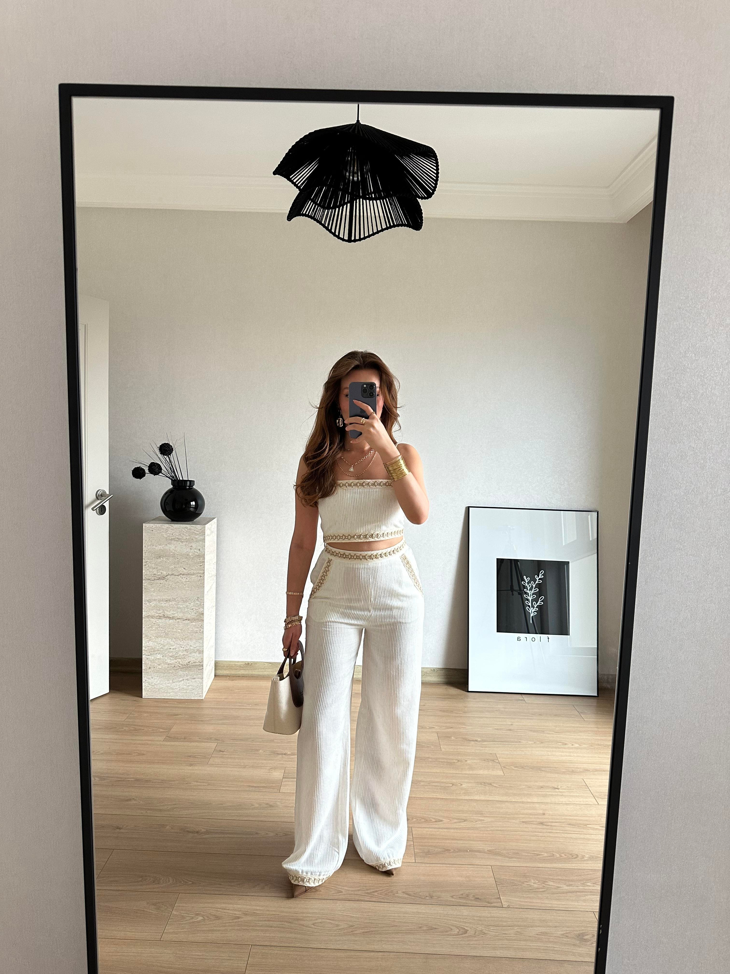 Şerit Detaylı Pantolon Ekru