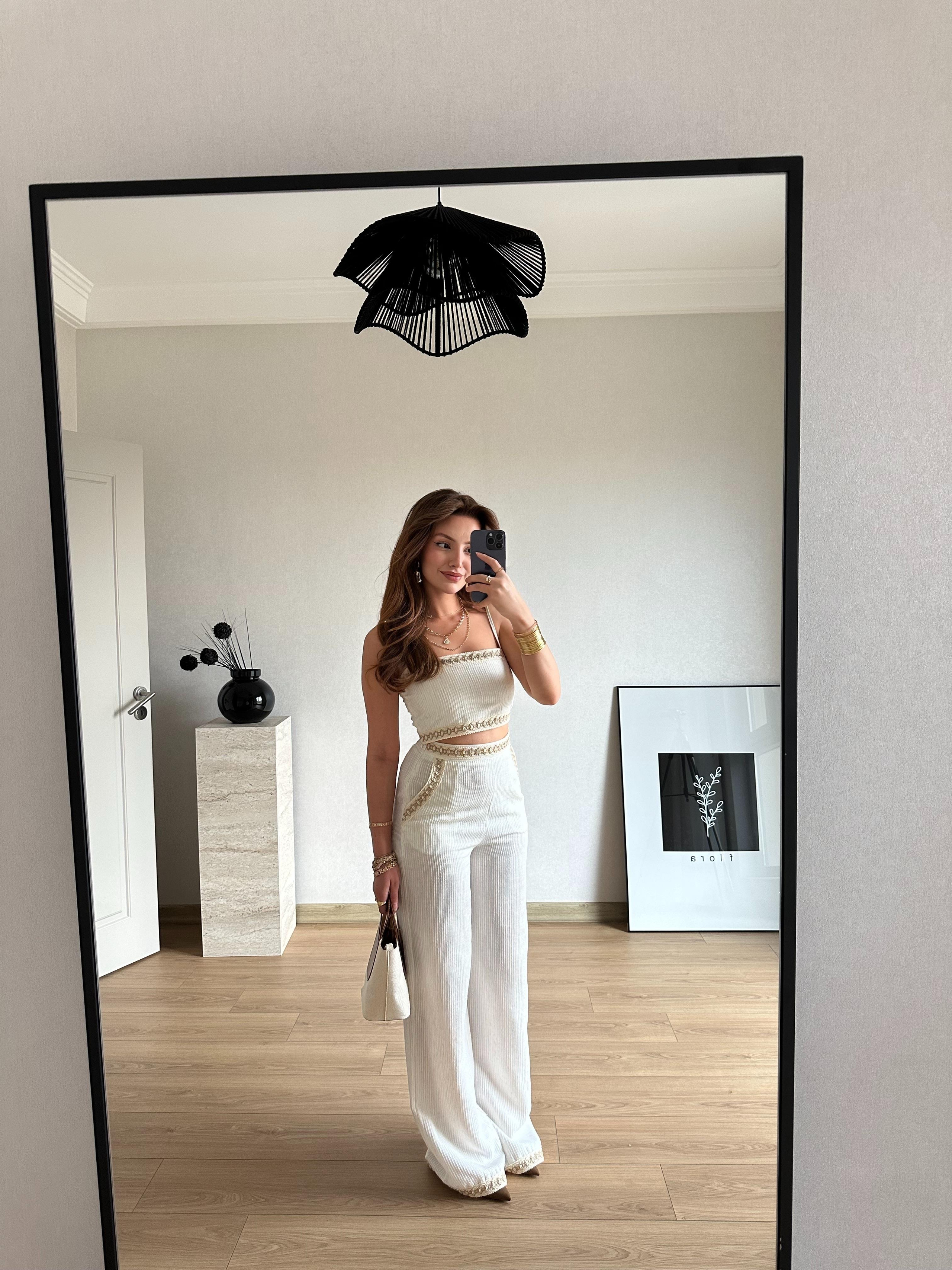 Şerit Detaylı Pantolon Ekru