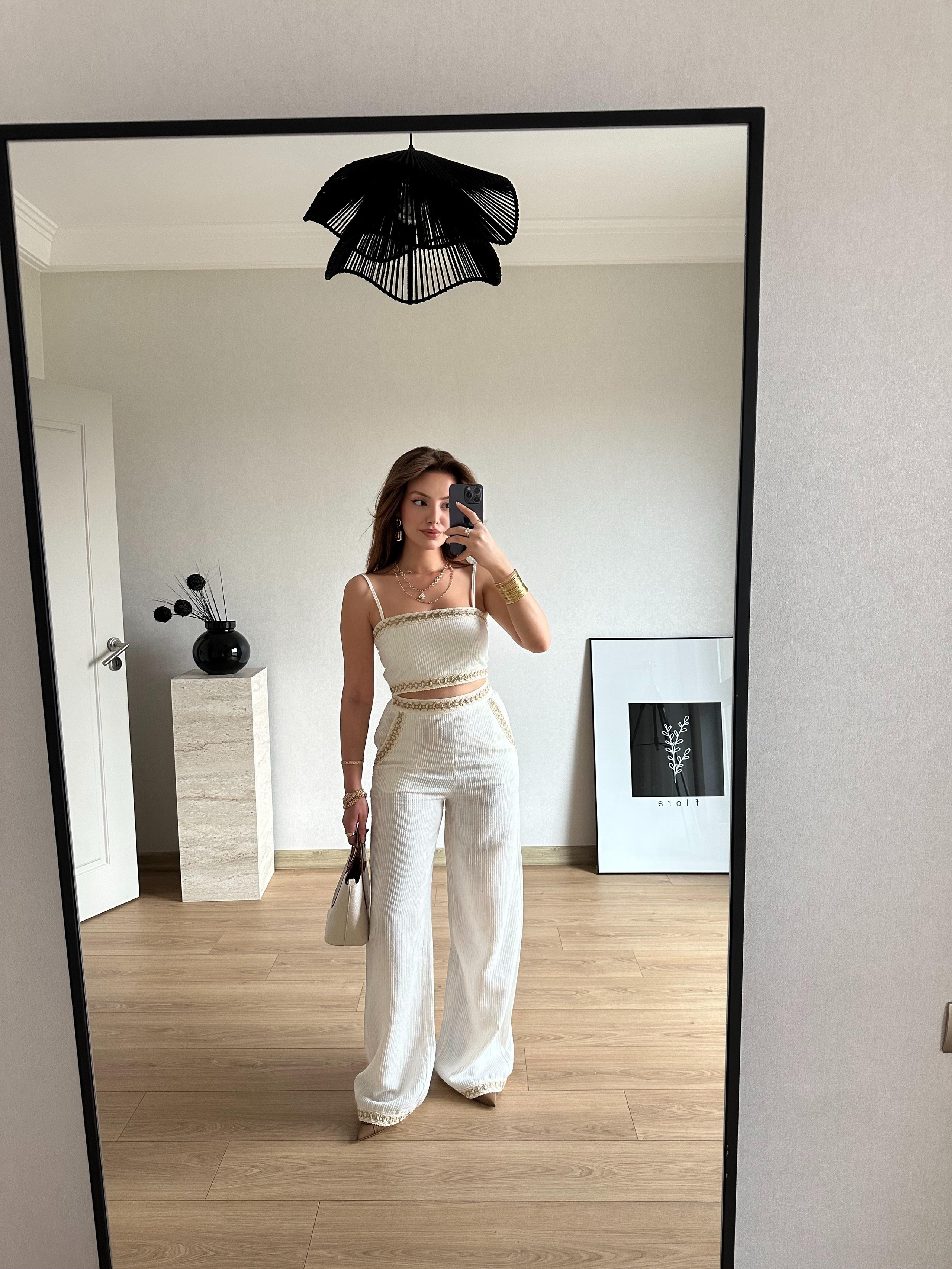 Şerit Detaylı Pantolon Ekru