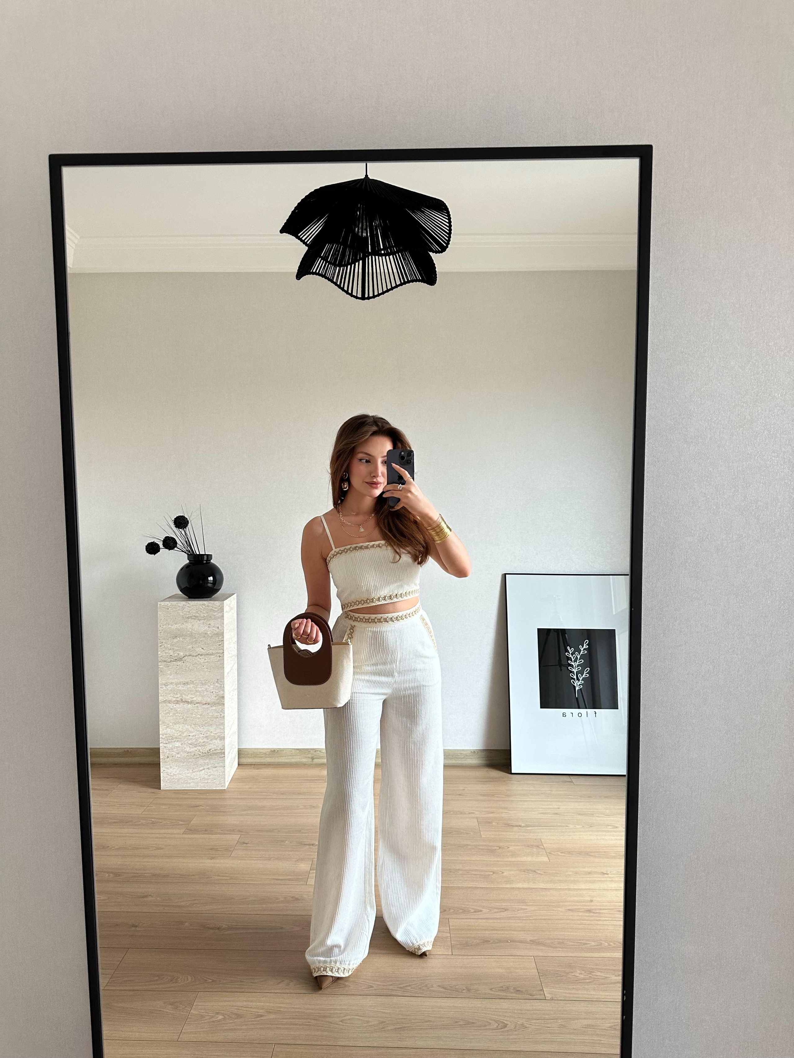 Şerit Detaylı Pantolon Ekru