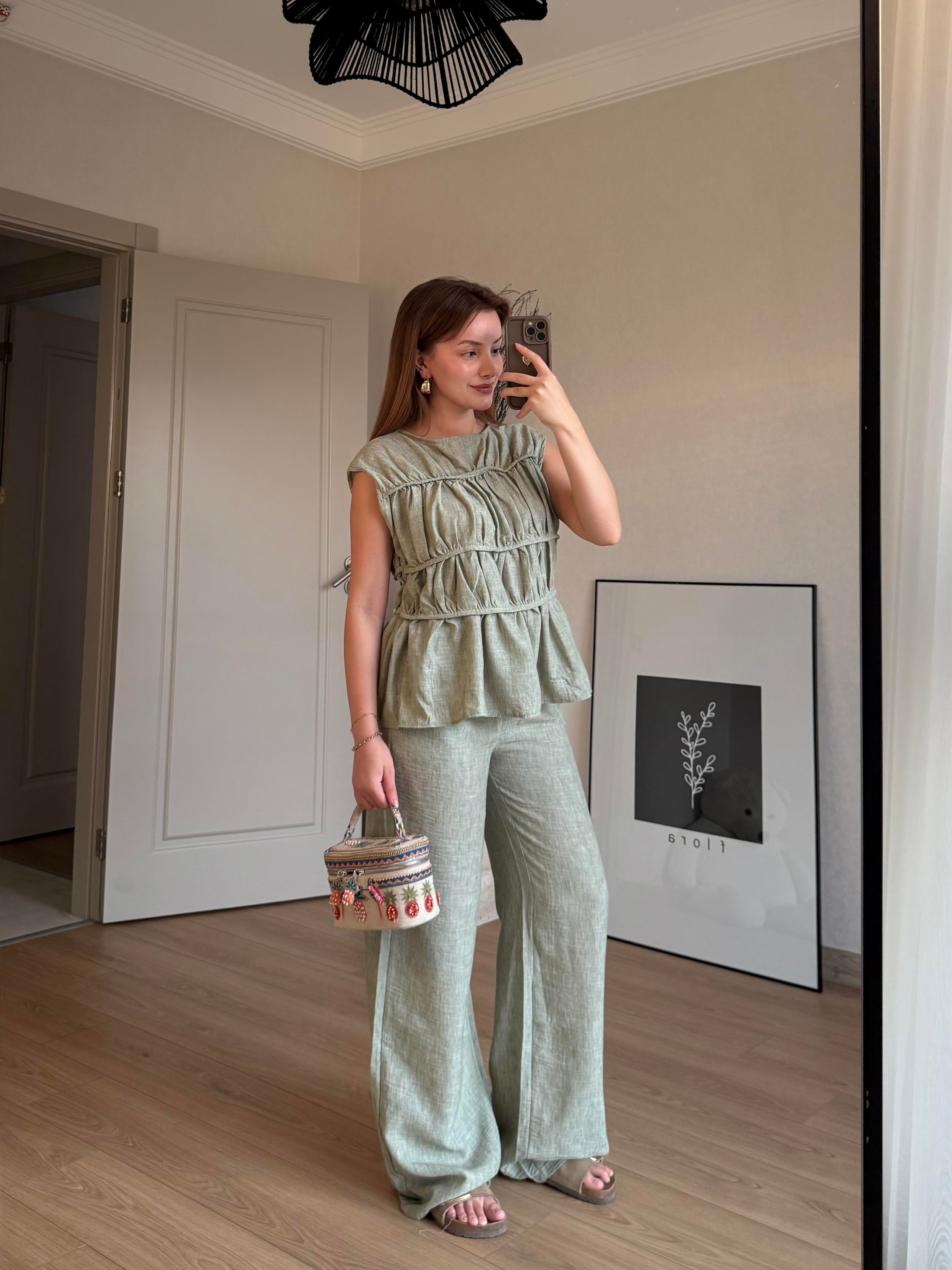 TAKIMECMEL BAŞARANYEŞİL KETEN KUMAŞ TAKIM