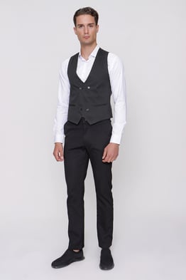  Morven Erkek Siyah Jakarlı Kruvaze Slim Fit Yelek