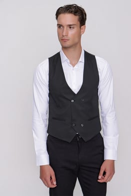  Morven Erkek Siyah Jakarlı Kruvaze Slim Fit Yelek