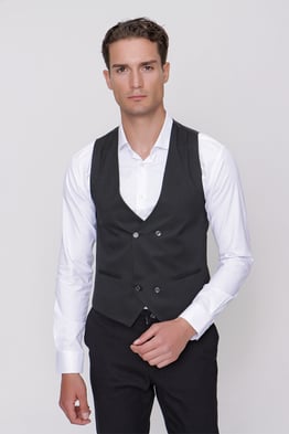 Morven Erkek Siyah Jakarlı Kruvaze Slim Fit Yelek