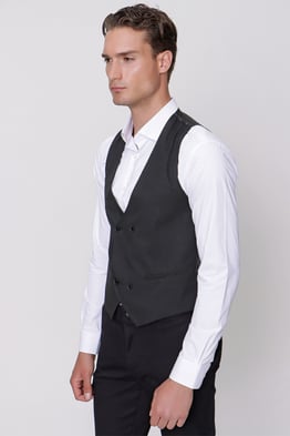  Morven Erkek Siyah Jakarlı Kruvaze Slim Fit Yelek
