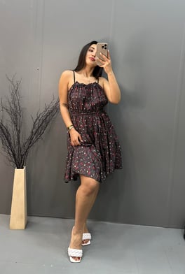 Kuşaklı Bel Lastikli Elbise Siyah