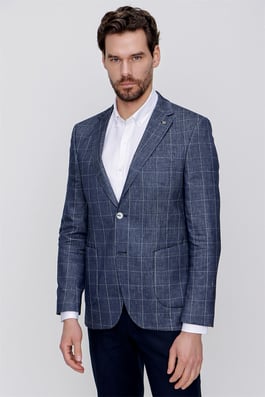  Morven Erkek Lacivert Keten Kareli Dokuma Ekose Slim Fit Dar Kesim 6 Drop Ceket