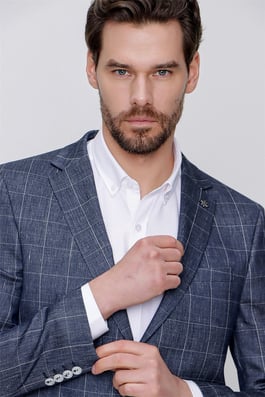  Morven Erkek Lacivert Keten Kareli Dokuma Ekose Slim Fit Dar Kesim 6 Drop Ceket
