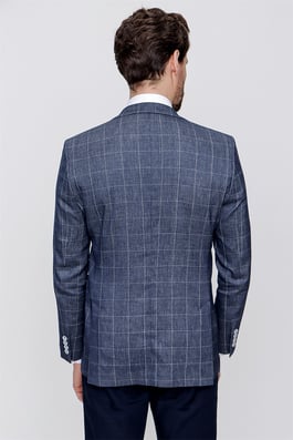  Morven Erkek Lacivert Keten Kareli Dokuma Ekose Slim Fit Dar Kesim 6 Drop Ceket
